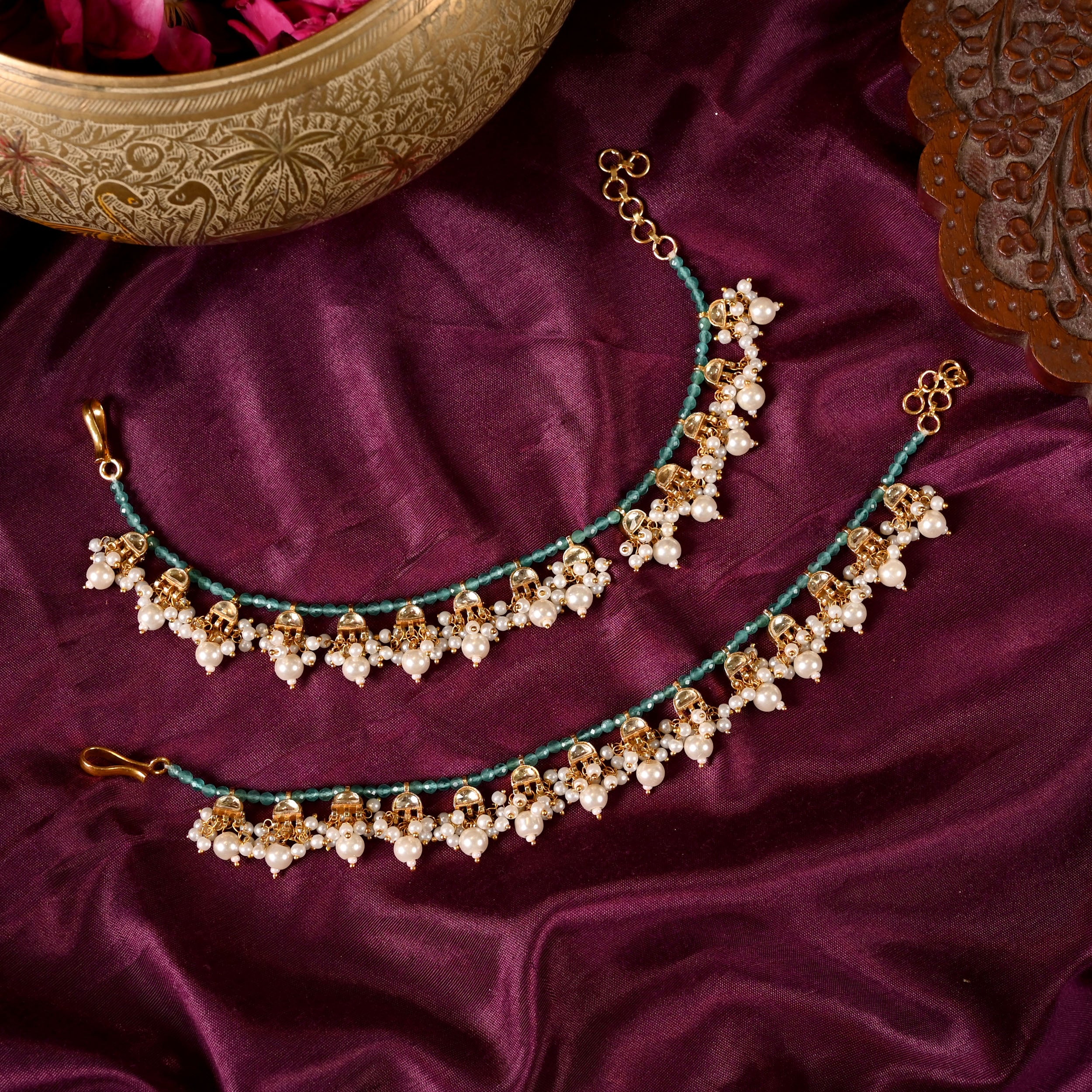SJKC0005- White and Mint Colour Gold Plated Jadau Kundan kanchain