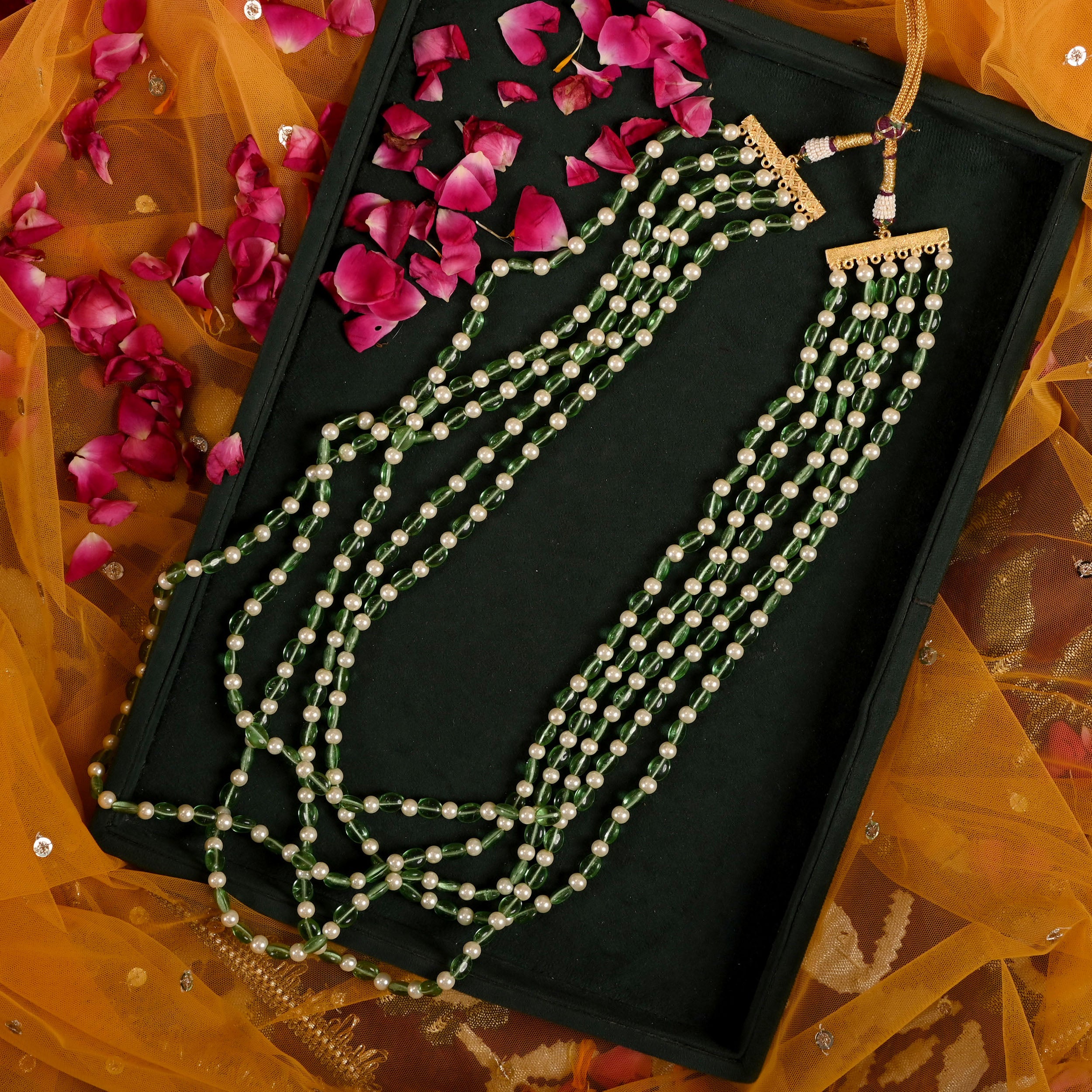 SJGM0001- Green and White Colour Gold Plated Jadau Kundan Groom Mala