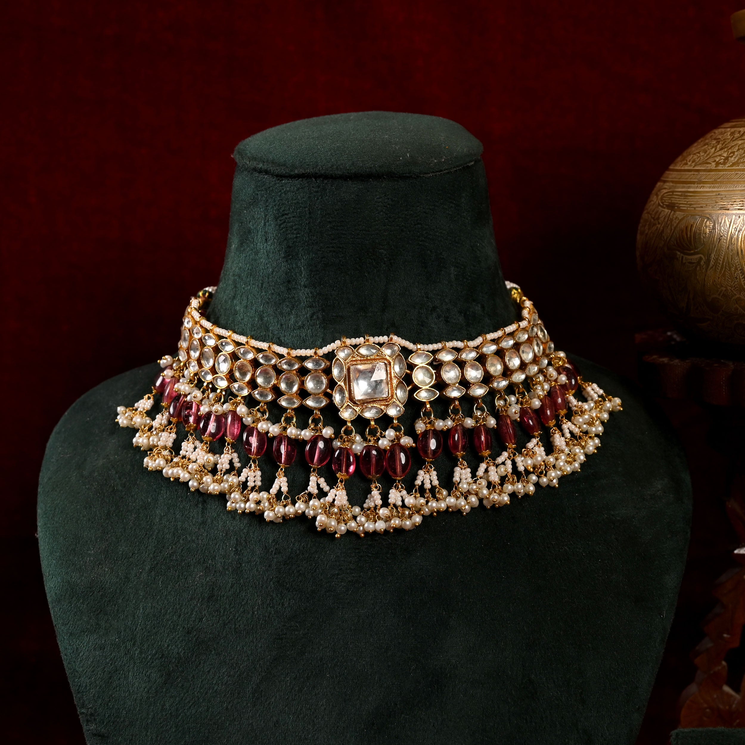SJN1048- White Colour Gold Plated Jadau Kundan Choker with Earrings