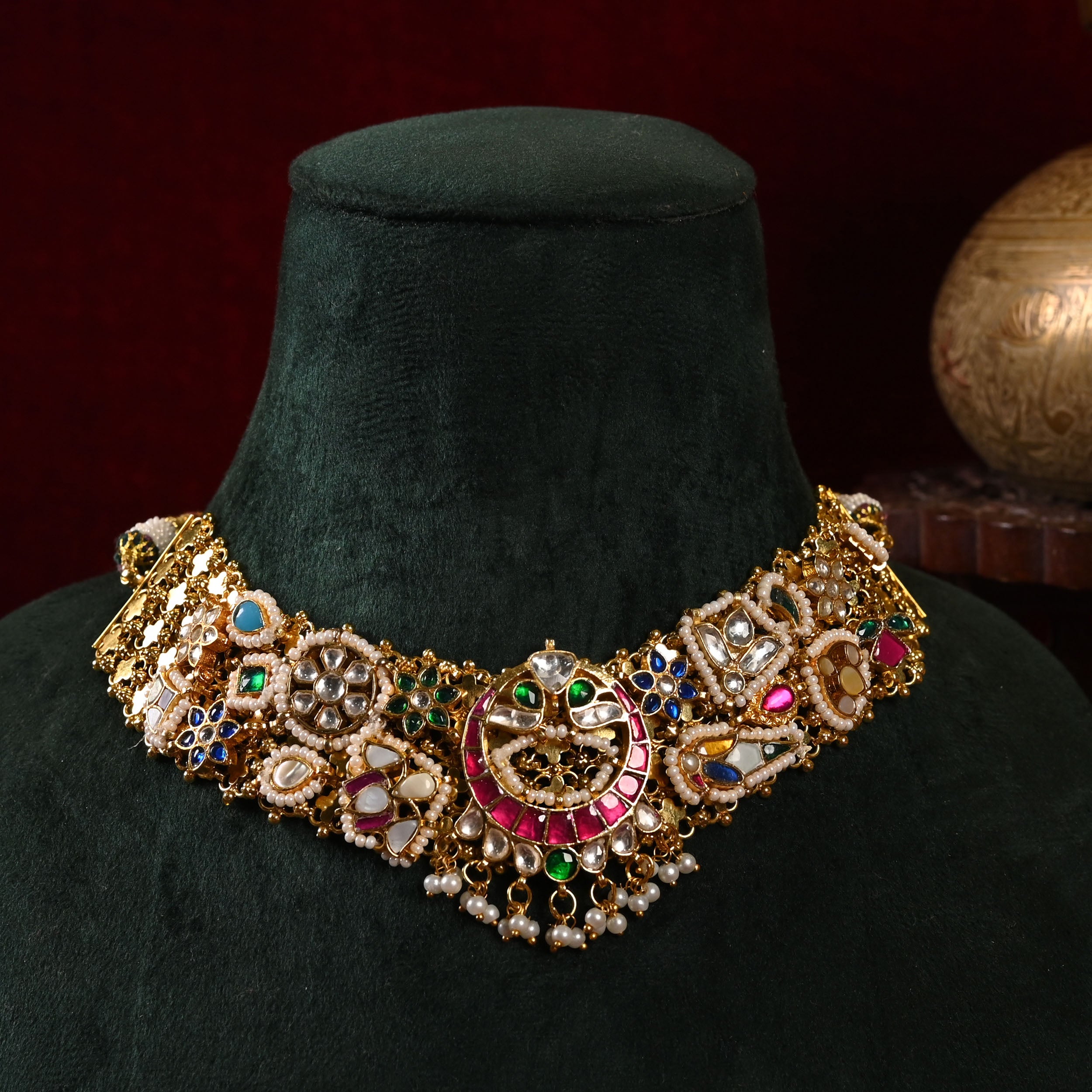 SJN1070- Multi Colour Gold Plated Jadau Kundan Fusion Choker with Earrings