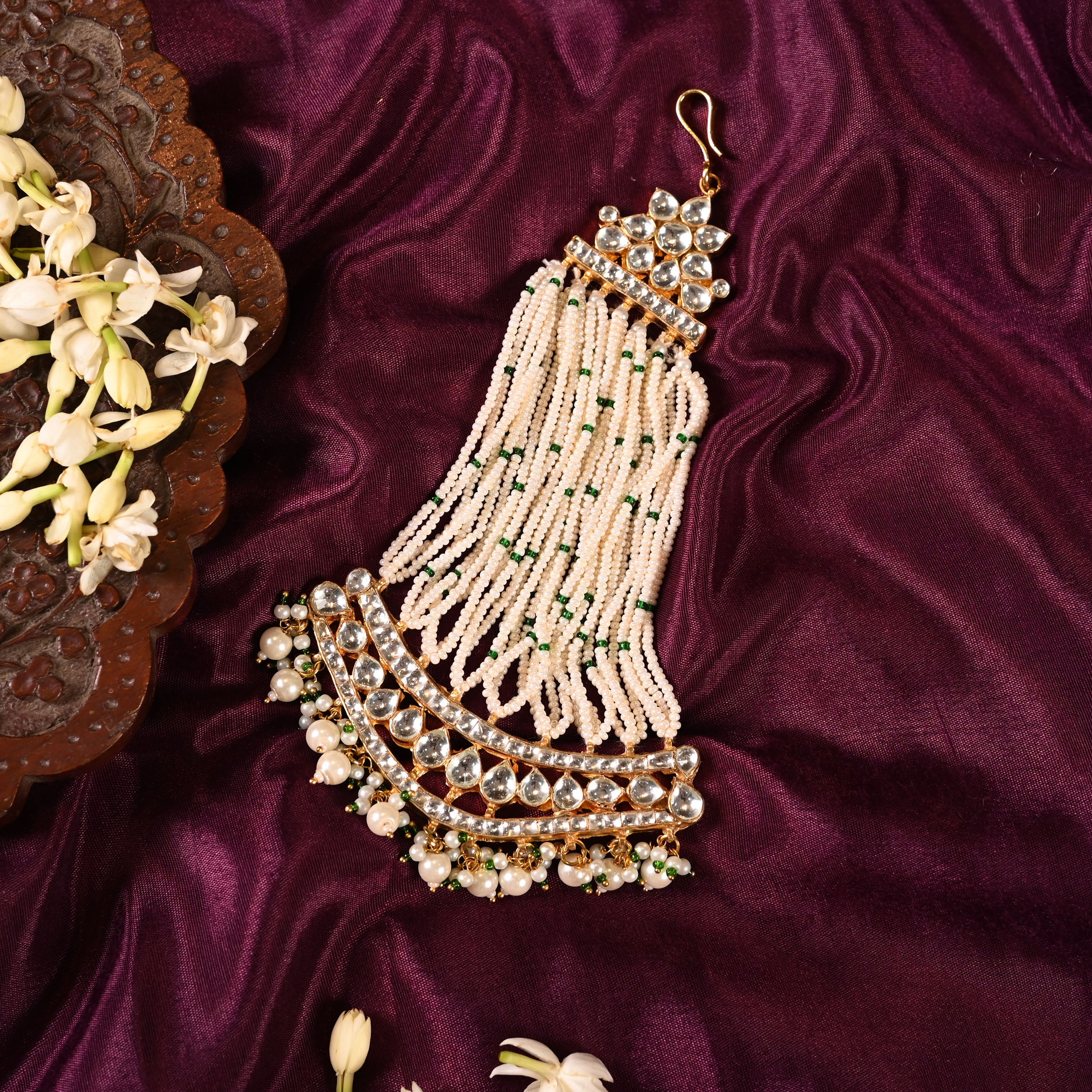 SJPA1005- White and Green Colour Gold Plated Jadau Kundan Passa