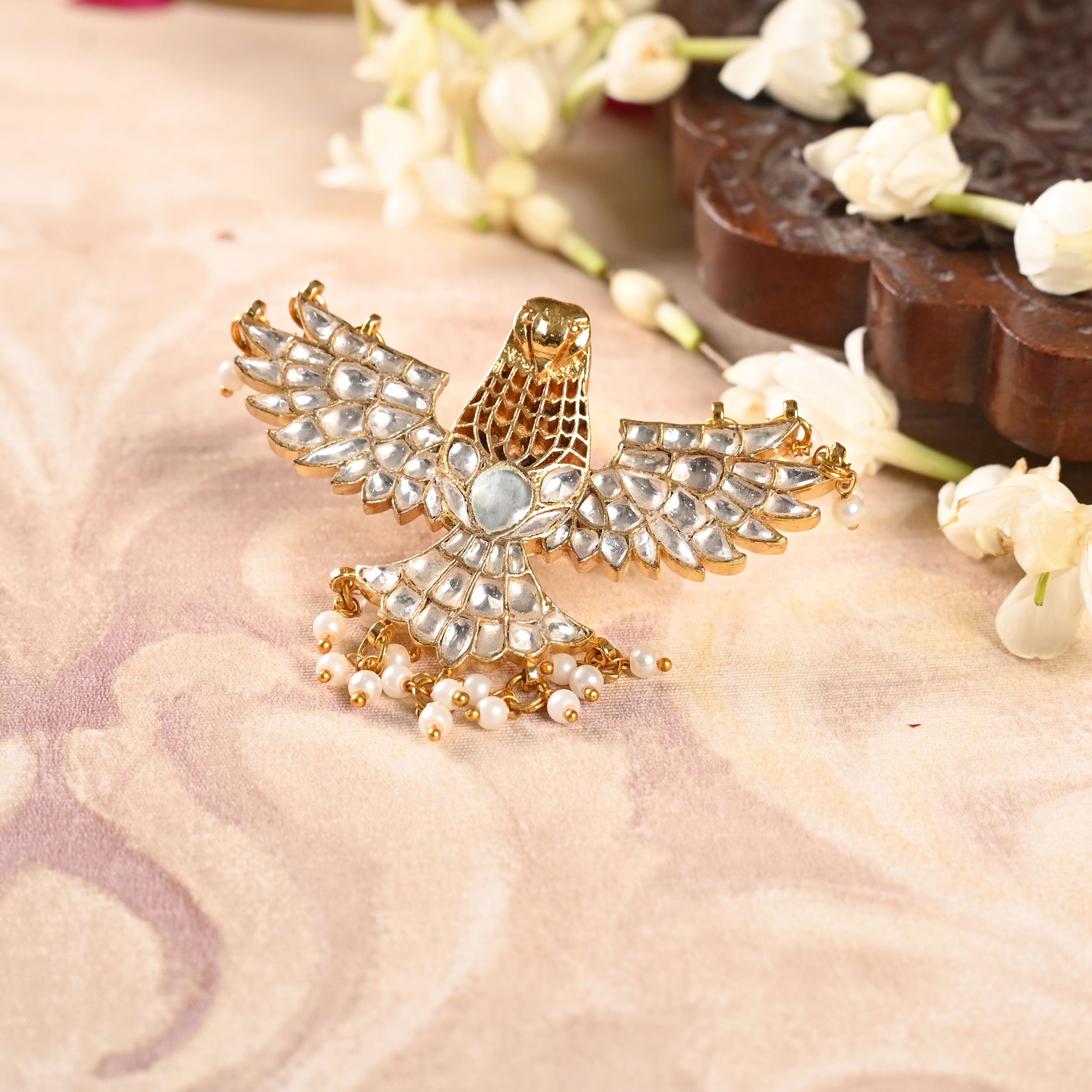 SJR0020- White Colour Eagle Motif Gold Plated Jadau Kundan Ring