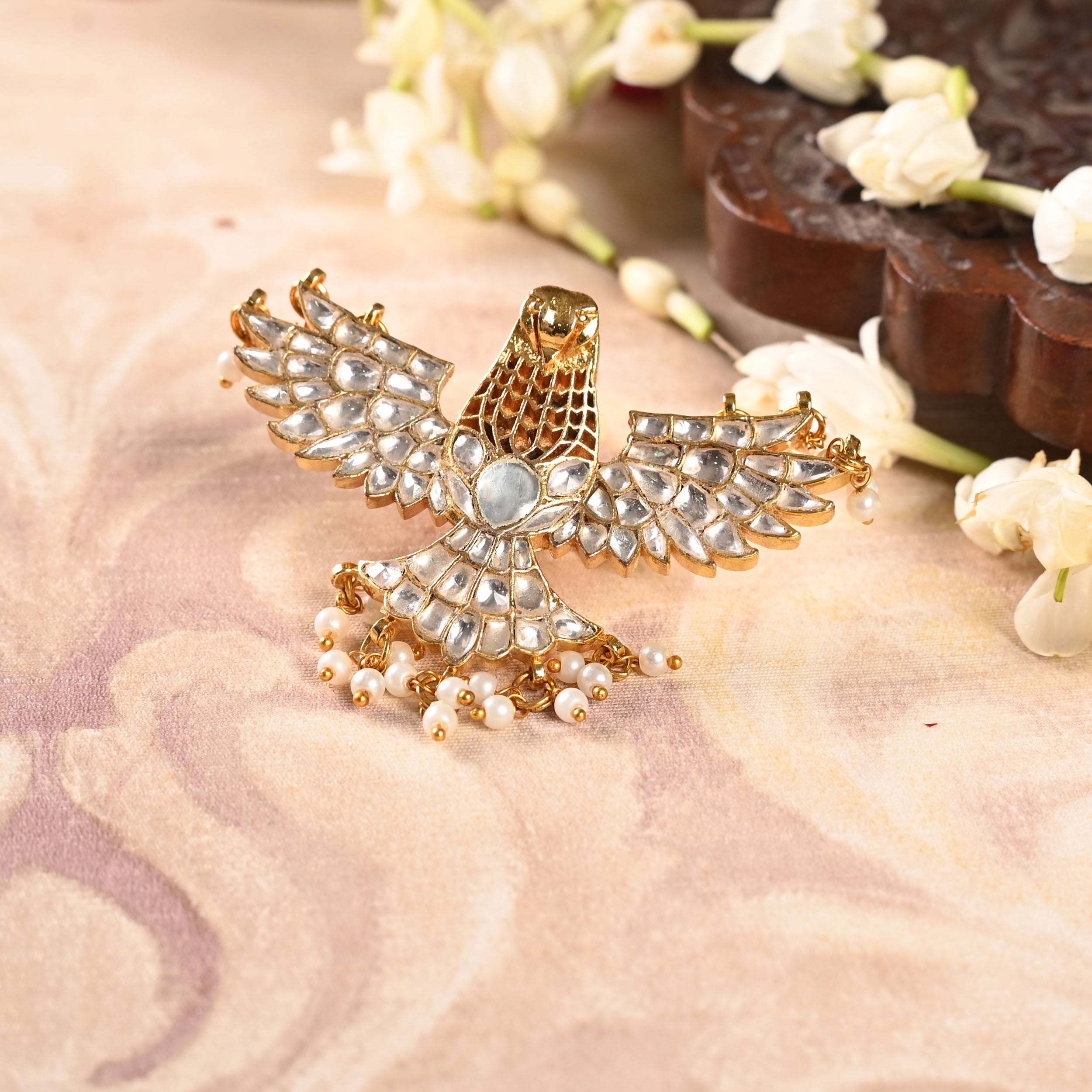 SJR0020- White Colour Eagle Motif Gold Plated Jadau Kundan Ring