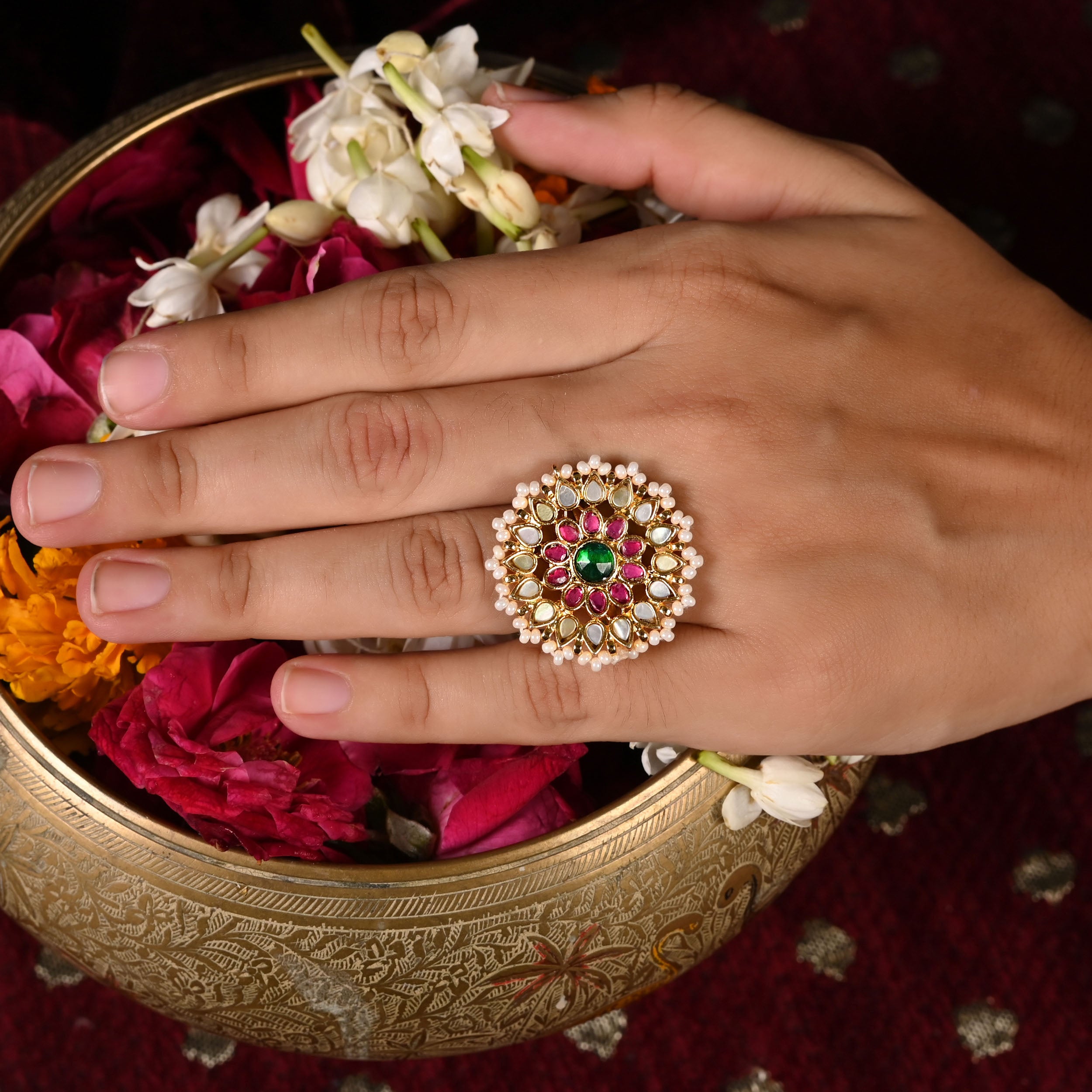 SJR0022- Multi Colour Gold Plated Jadau Kundan Ring