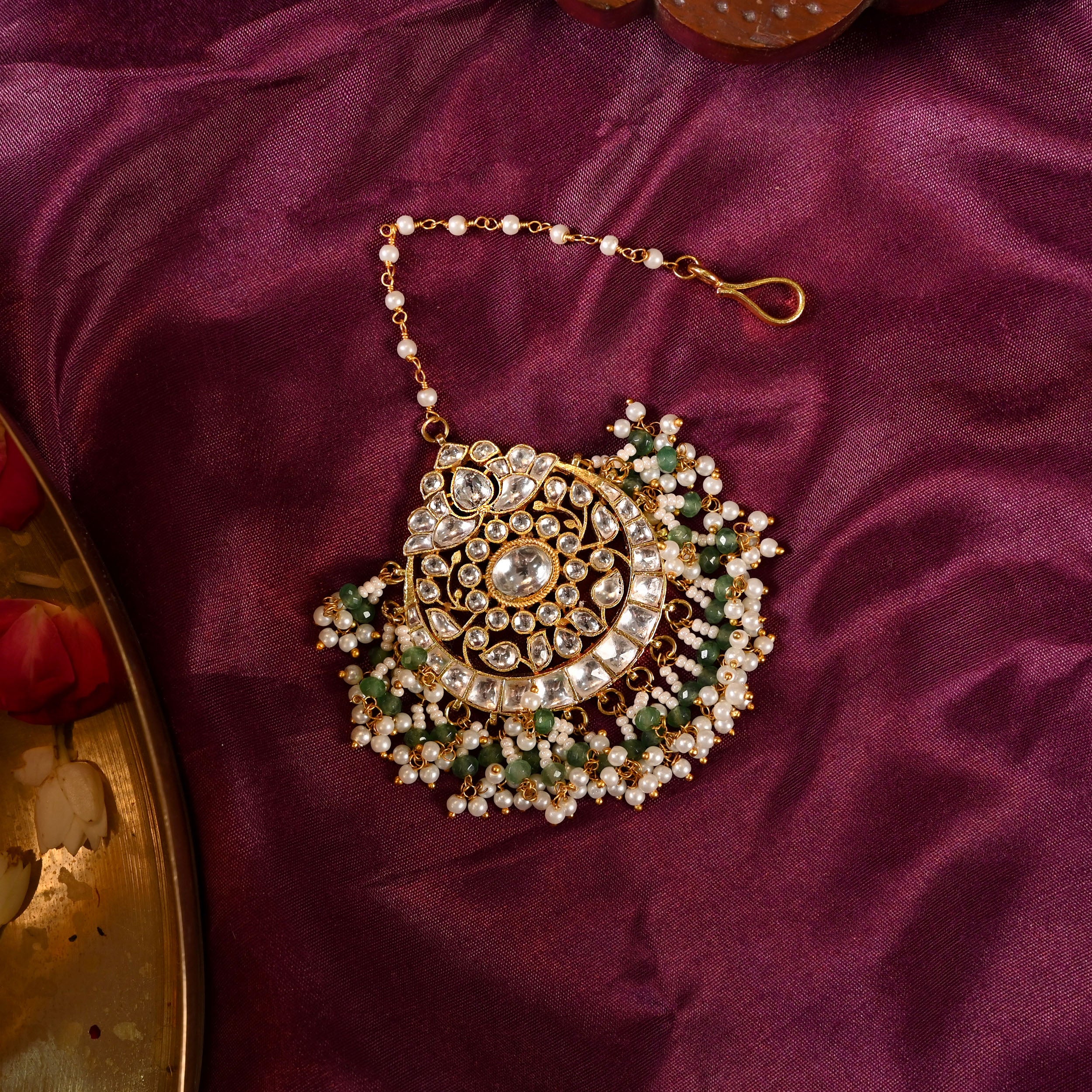 SJT1037- Green Color Gold Plated Jadau Kundan Maang Tika