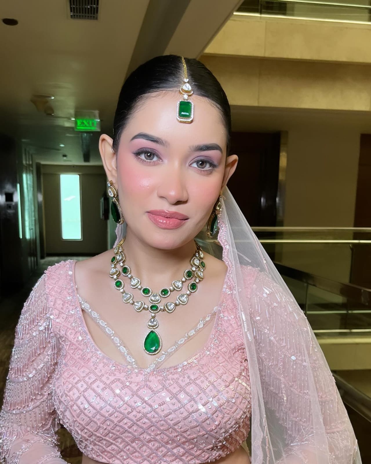 Green Colour Gold Plated Uncut Necklace with Earrings and Tika wore by Priyanka Sharma