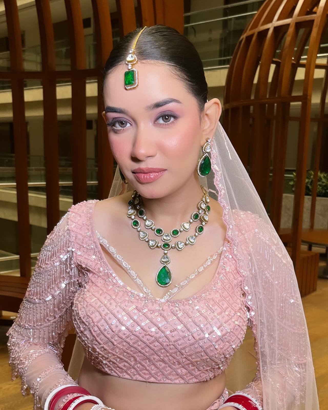 Green Colour Gold Plated Uncut Necklace with Earrings and Tika wore by Priyanka Sharma