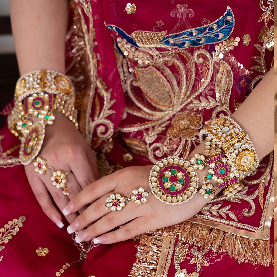 SJHP1016- Multi Colour Gold Plated Jadau Kundan Hathphool