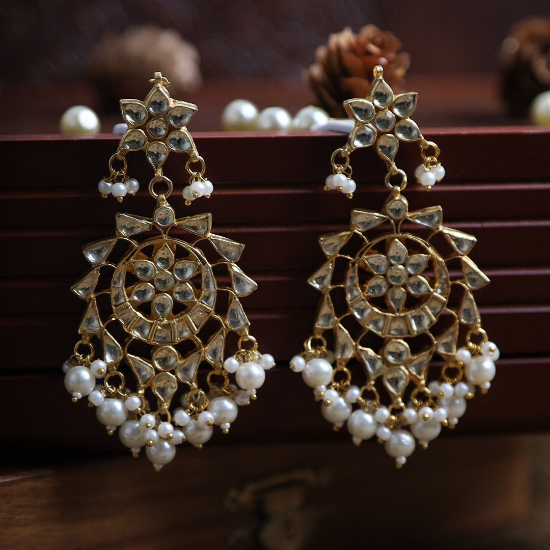 SJE1041- White Colour Gold Plated Jadau Kundan Chandbali Earrings