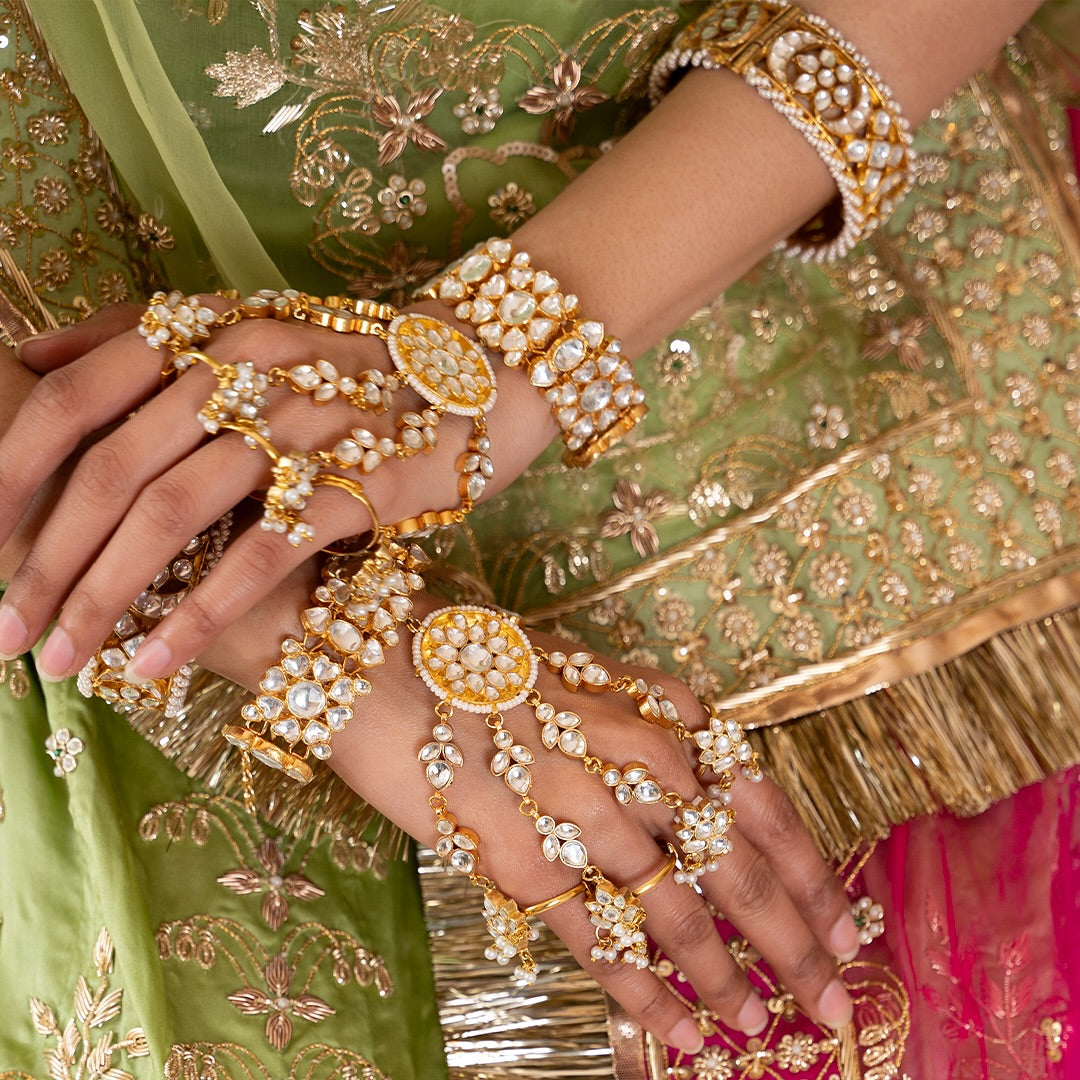 SJHP1017- White Colour Gold Plated Jadau Kundan 5 RingHathphool