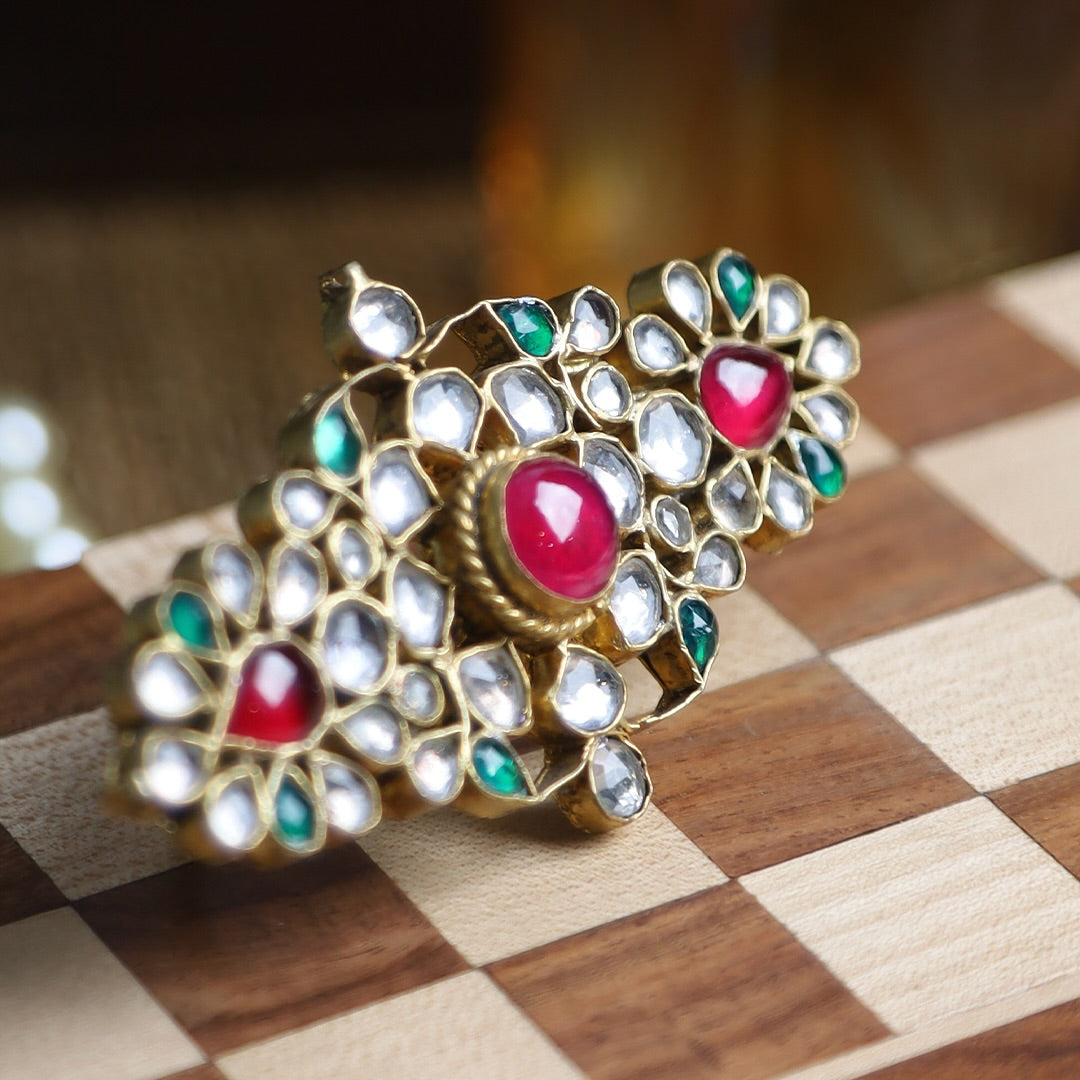 SJR0010- Multi Colour Gold Plated Jadau Kundan Ring