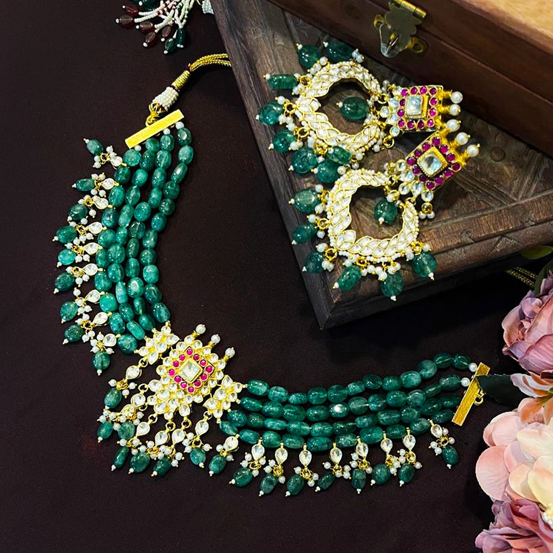Sonakshi Sinha Style Multi Colour Gold Plated Jadau Kundan Necklace with Earrings