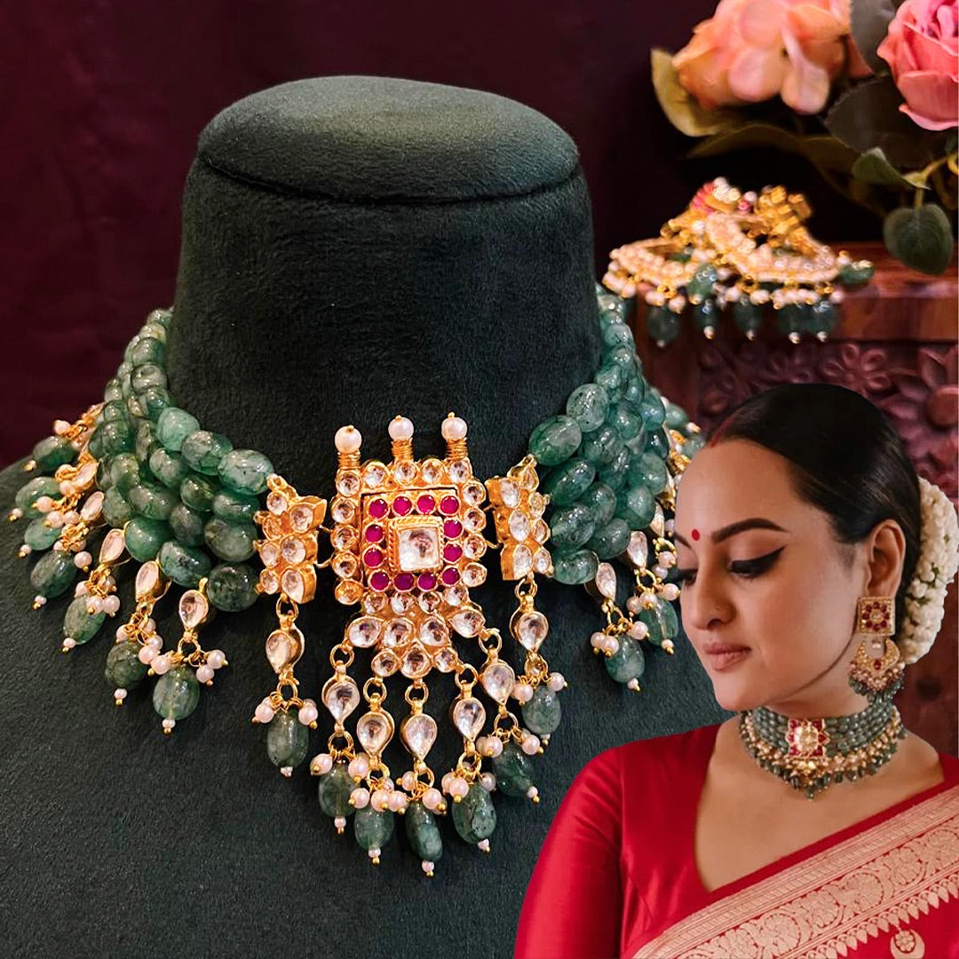 Sonakshi Sinha Style Multi Colour Gold Plated Jadau Kundan Necklace with Earrings