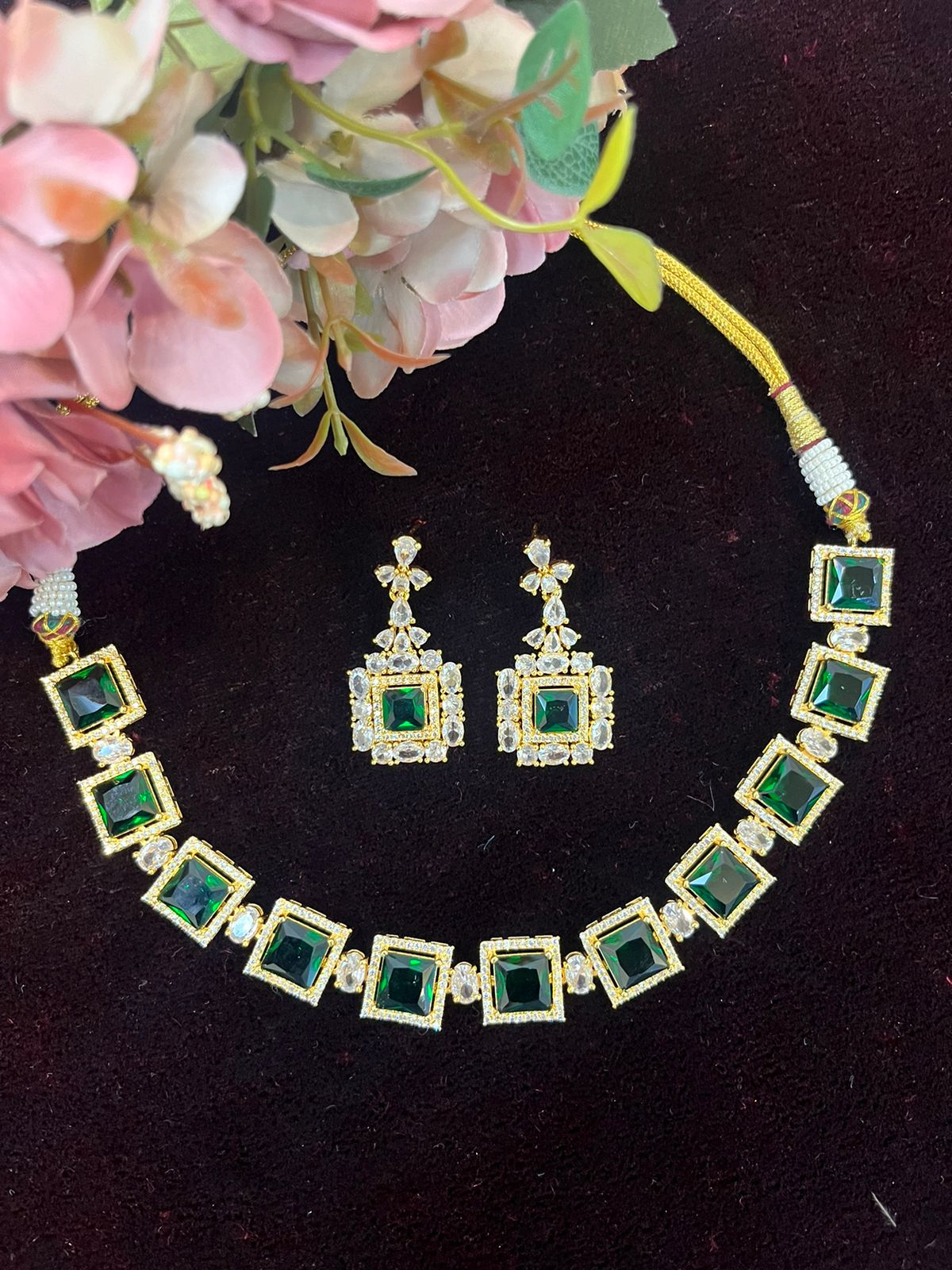 SJN1061- Green Colour Faux Diamond Choker with Earrings