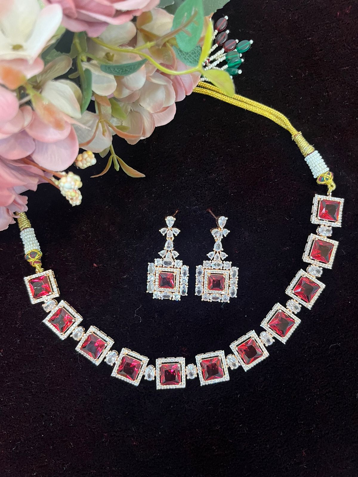 SJN1061- Ruby Colour Faux Diamond Choker with Earrings
