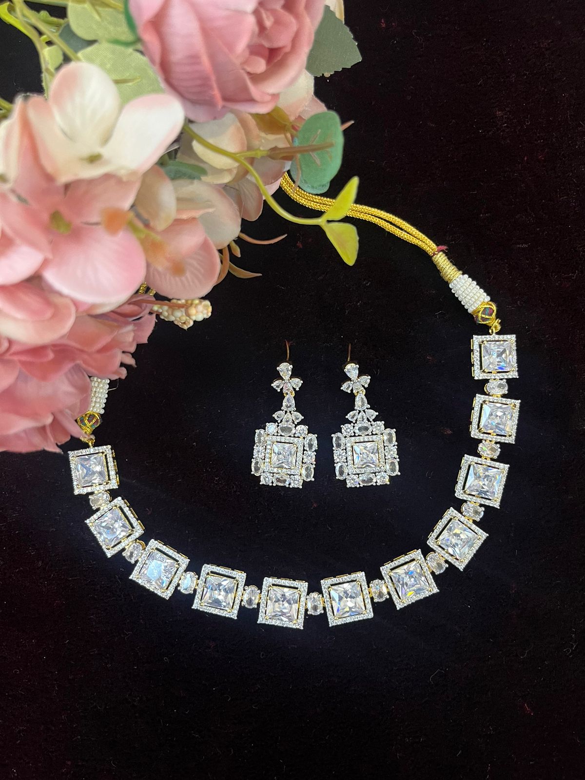 SJN1061- White Colour Faux Diamond Choker with Earrings