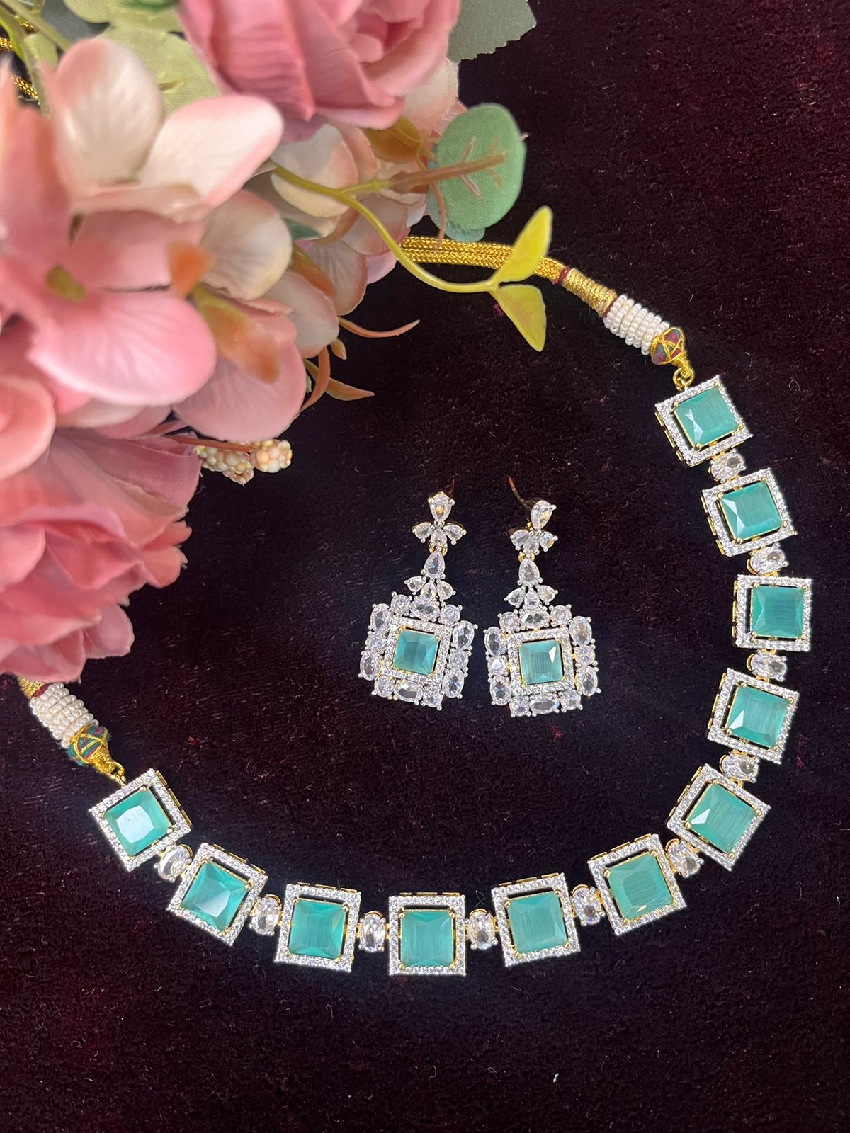 SJN1061- Mint Blue Colour Faux Diamond Choker with Earrings
