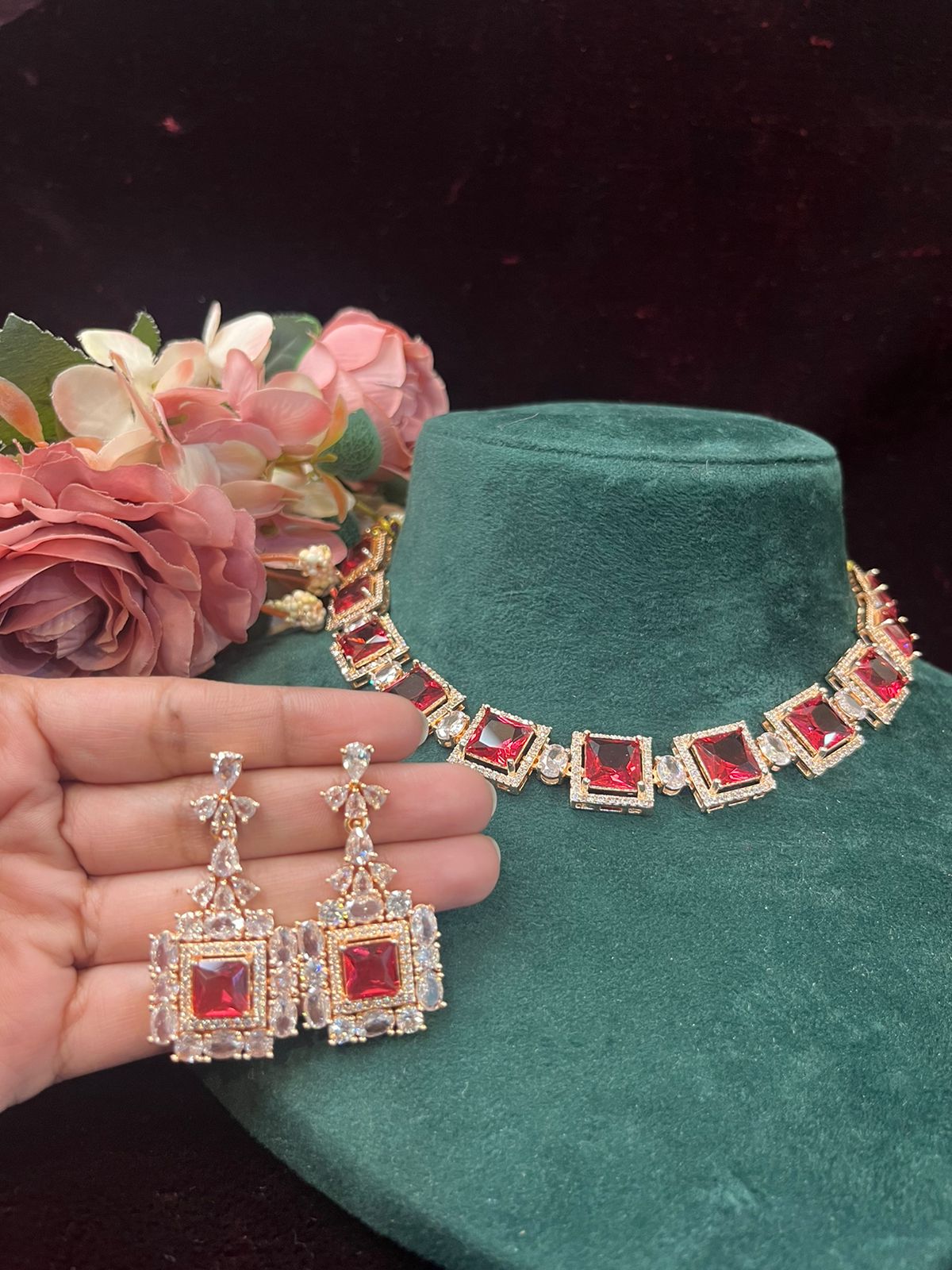 SJN1061- Ruby Colour Faux Diamond Choker with Earrings