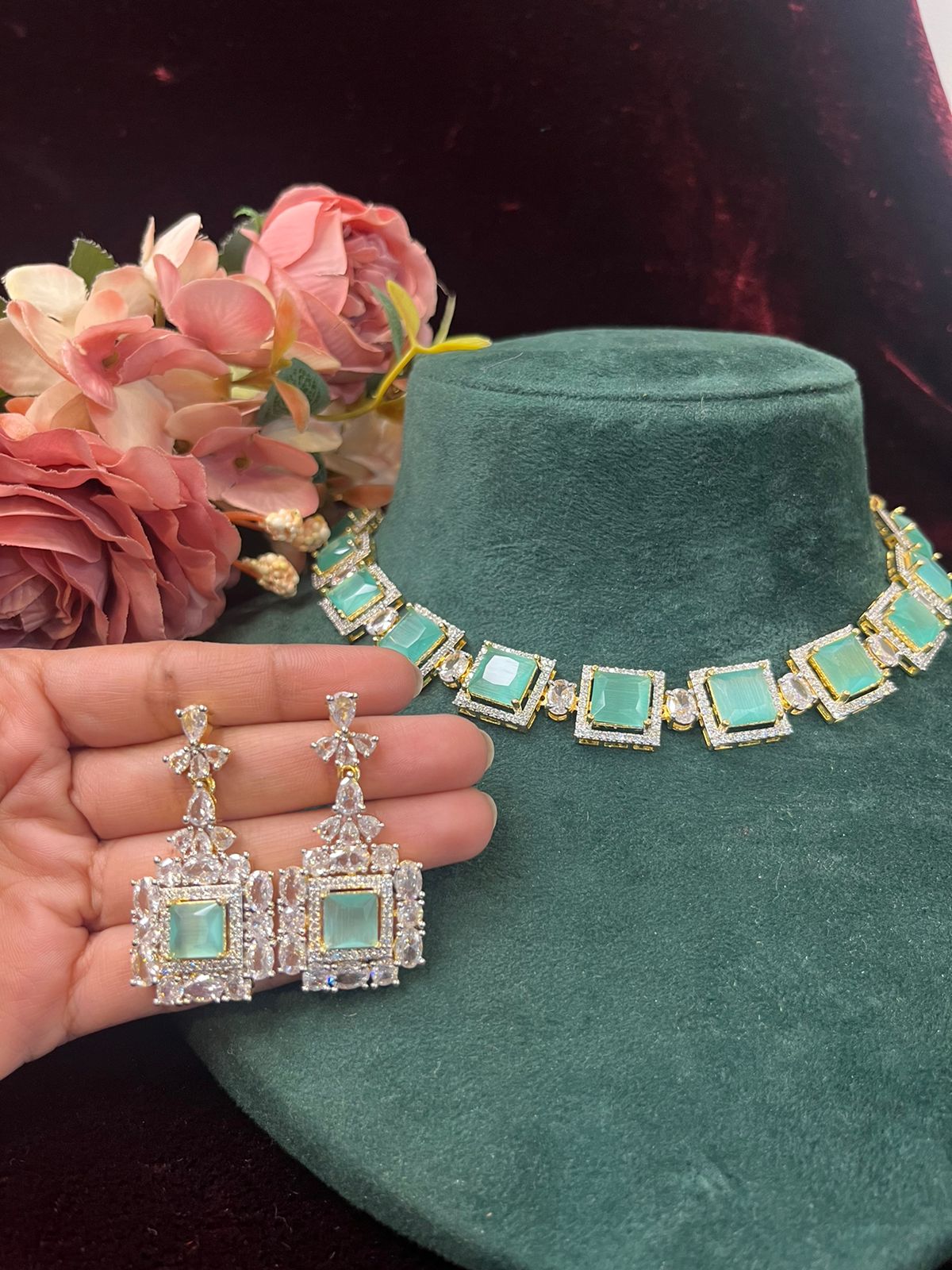 SJN1061- Mint Blue Colour Faux Diamond Choker with Earrings