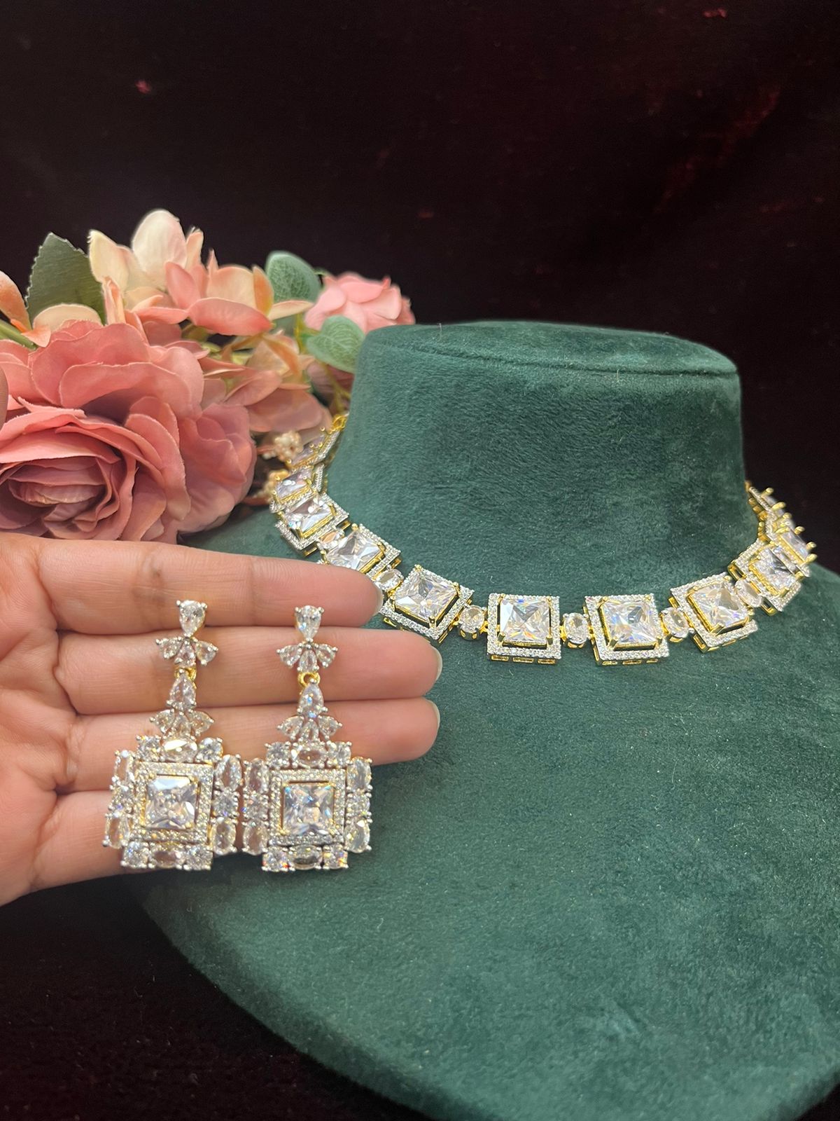 SJN1061- White Colour Faux Diamond Choker with Earrings