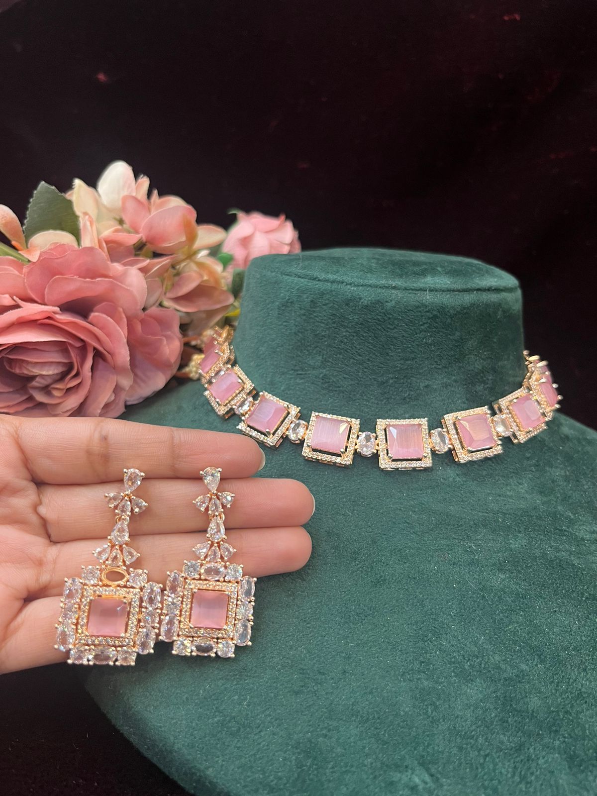 SJN1061- Pink Colour Faux Diamond Choker with Earrings