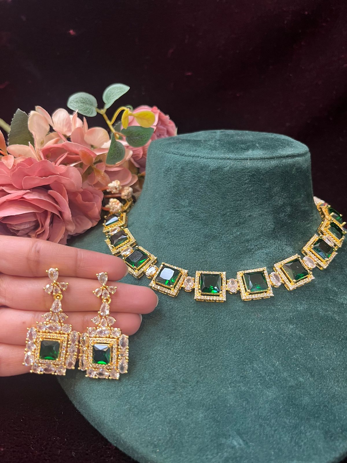 SJN1061- Green Colour Faux Diamond Choker with Earrings