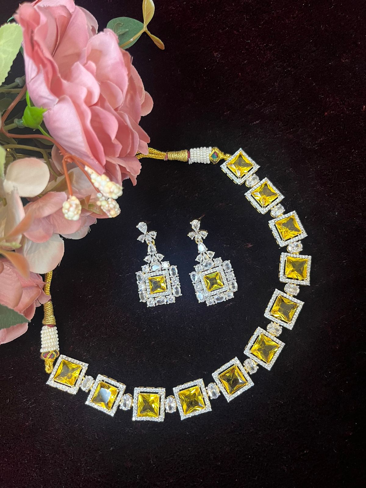 SJN1061- Yellow Colour Faux Diamond Choker with Earrings