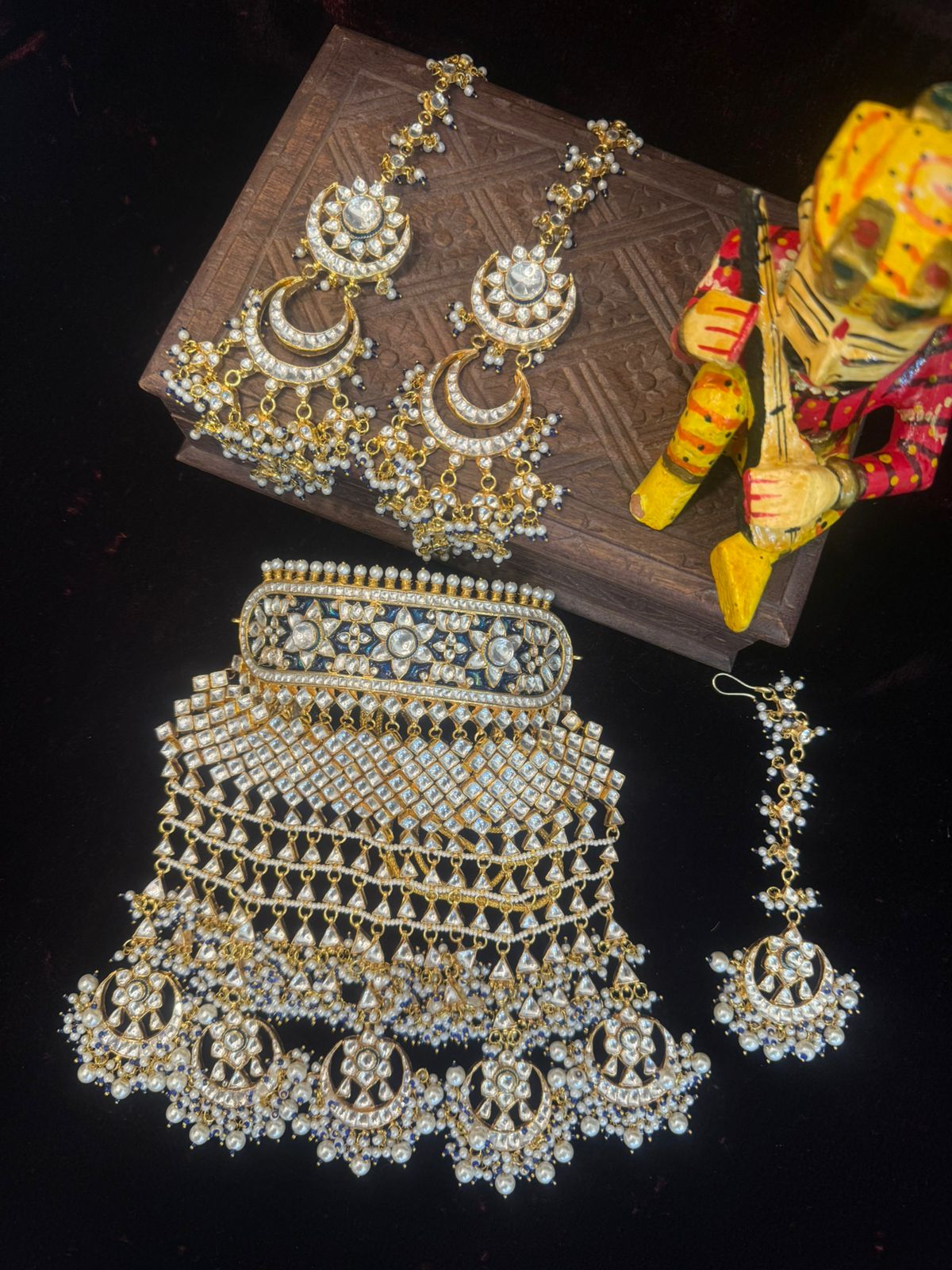 SJN1237- White and Blue Colour Gold Plated Jadau Kundan Aad Choker with Earrings and Tika