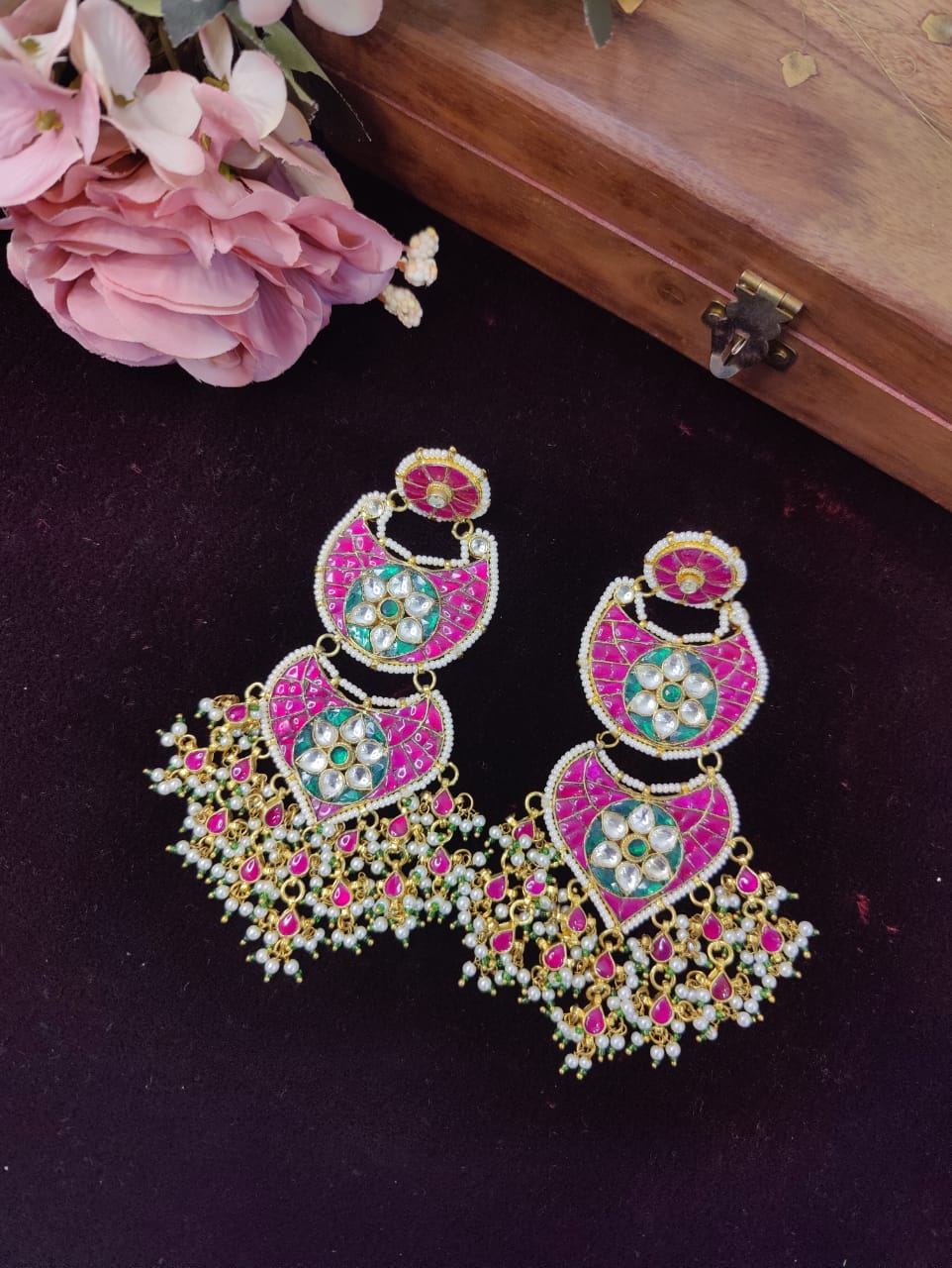 SJE1091- Pink Colour Gold Plated Jadau Kundan Dangler Earrings