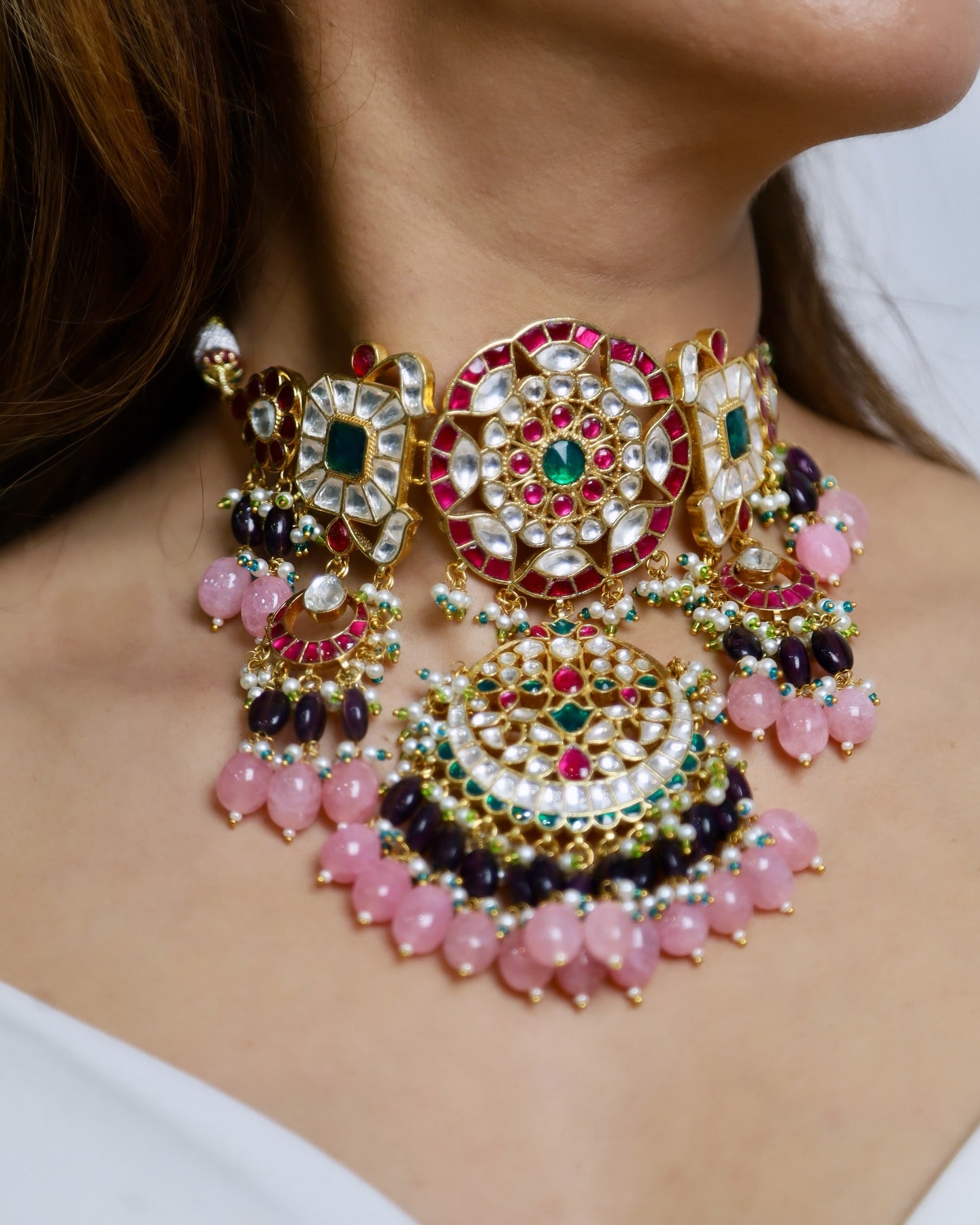 SJN1202- Multi Colour Gold Plated Jadau Kundan Choker with Earrings