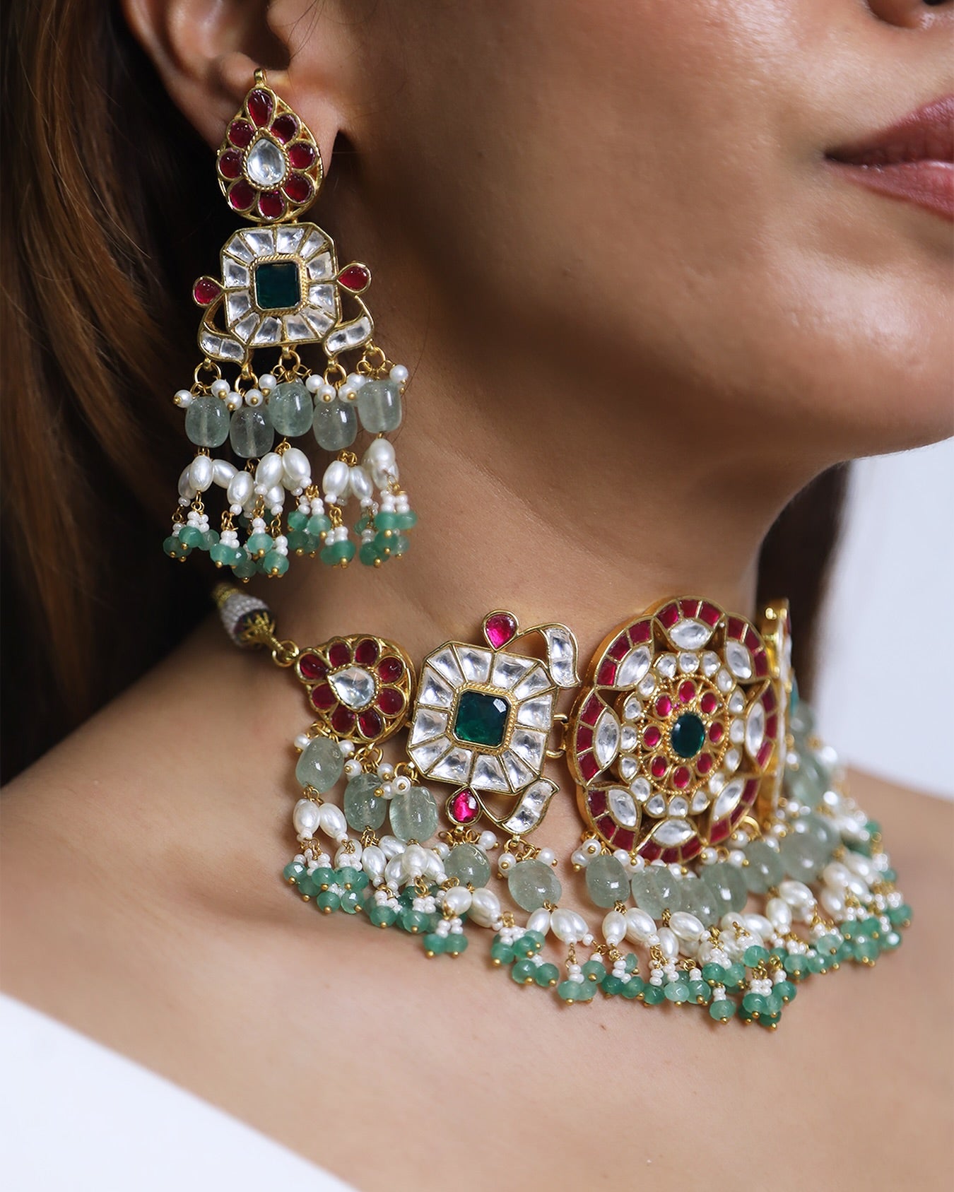 SJN1201- Multi Colour Gold Plated Jadau Kundan Choker with Earrings