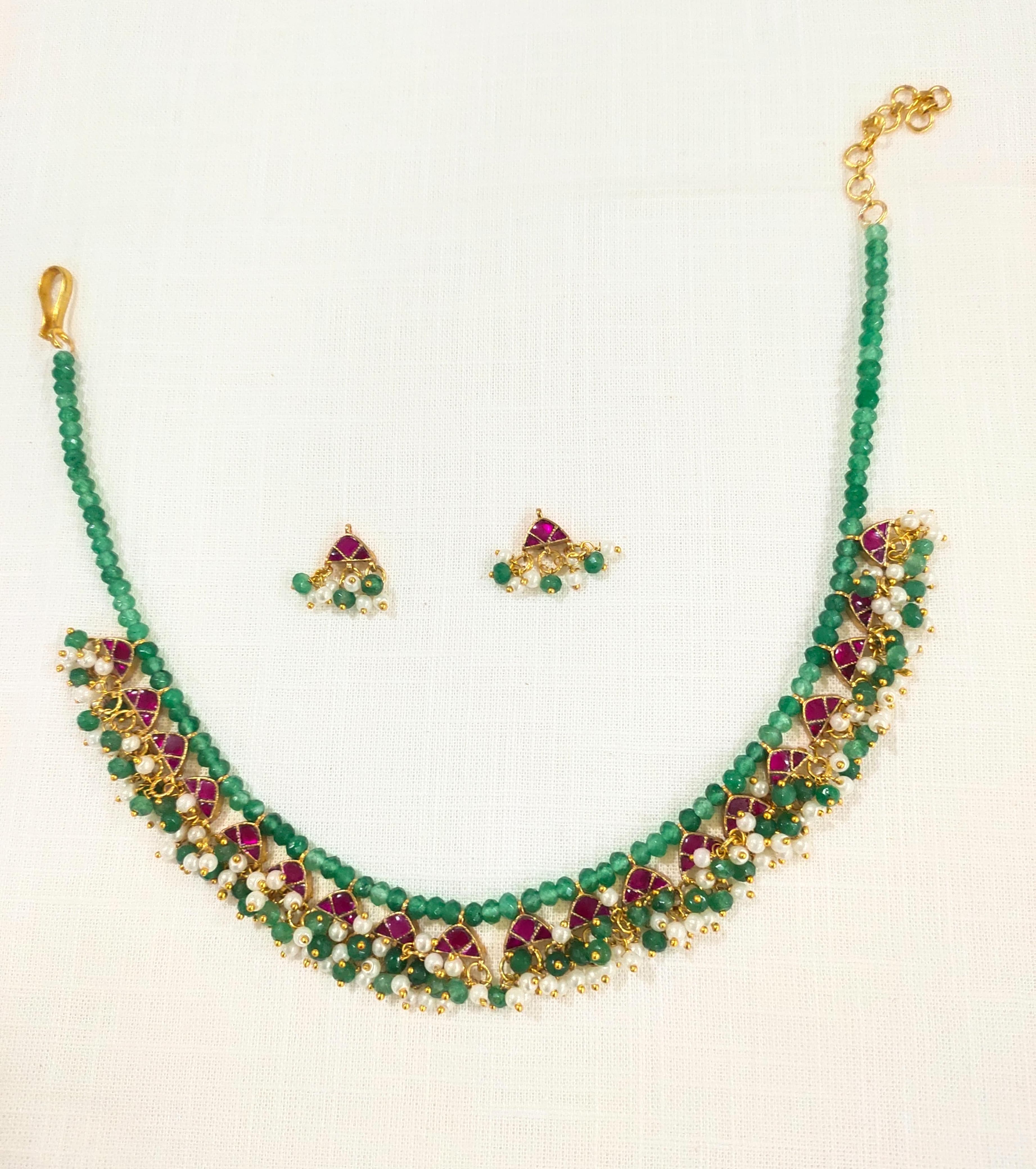 SJN1015- Green and Pink Colour Gold Plated Jadau Kundan Necklace with Earrings