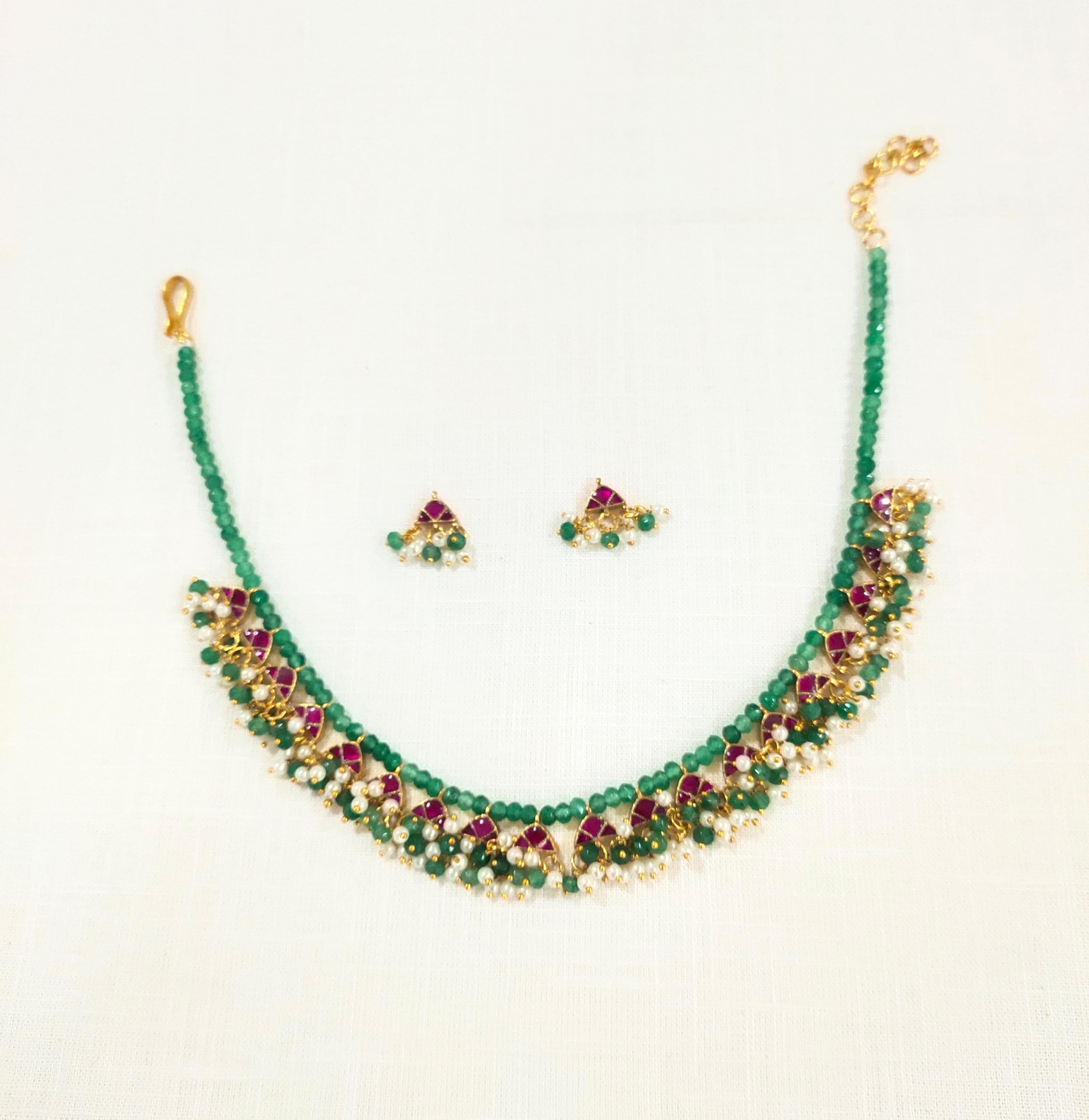 SJN1015- Green and Pink Colour Gold Plated Jadau Kundan Necklace with Earrings