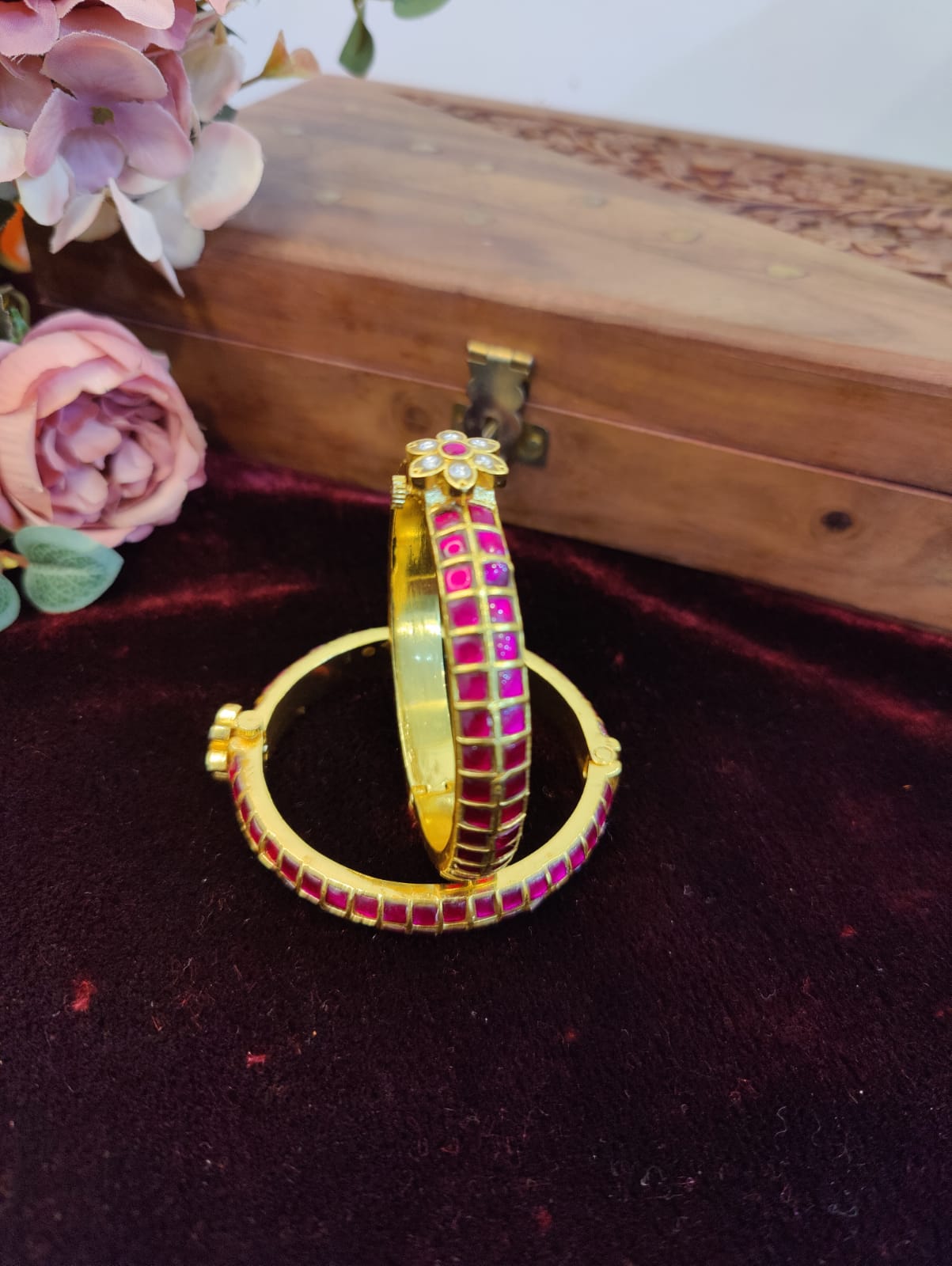 SJB1025- Pink Colour Gold Plated Jadau Kundan Temple Bangle
