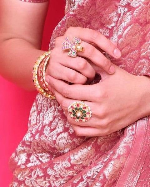 SJR005- Multi Colour Gold Plated Jadau Kundan Ring wore by Sana Makbul