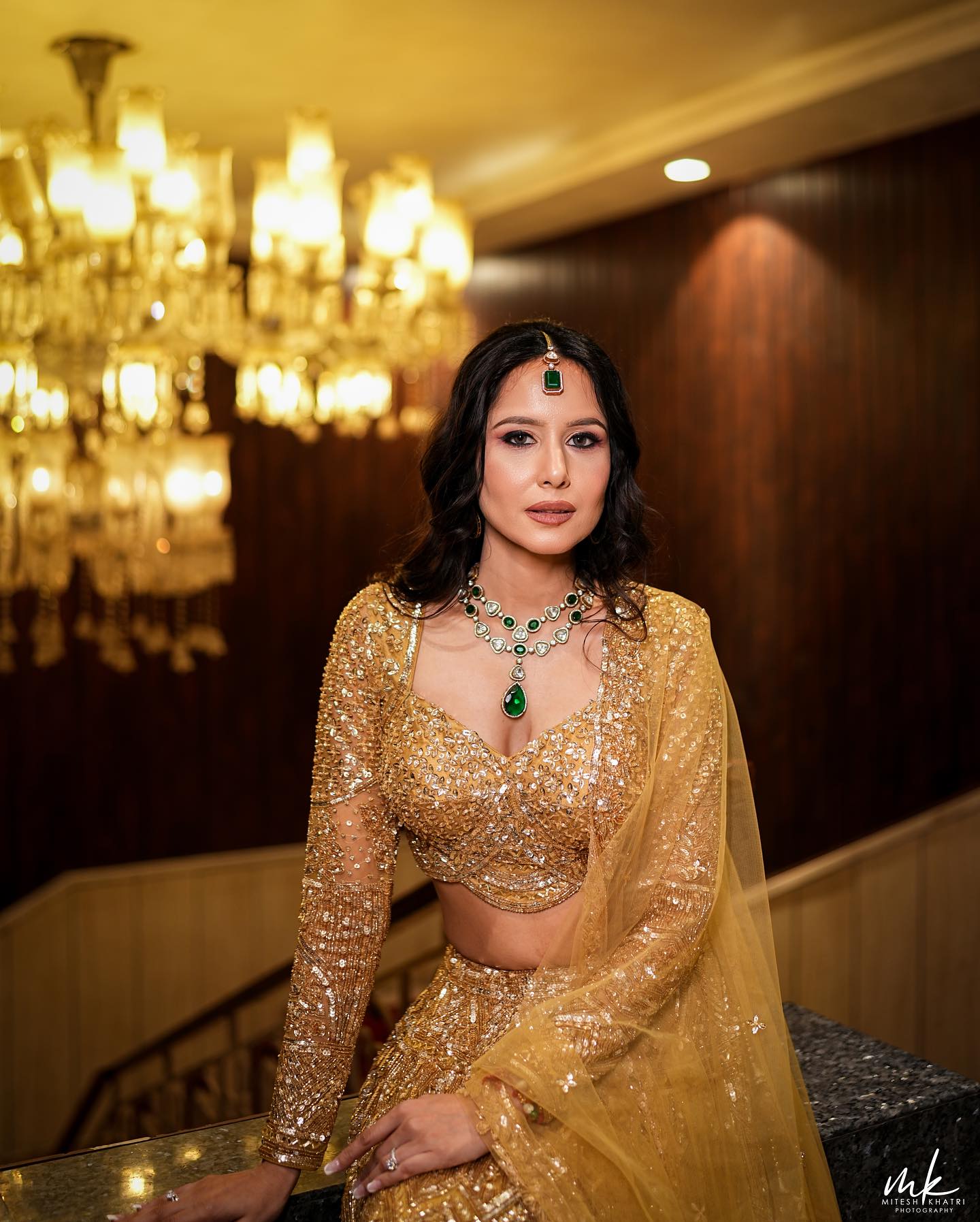 Green Colour Gold Plated Uncut Necklace with Earrings and Tika wore by Priyanka Sharma