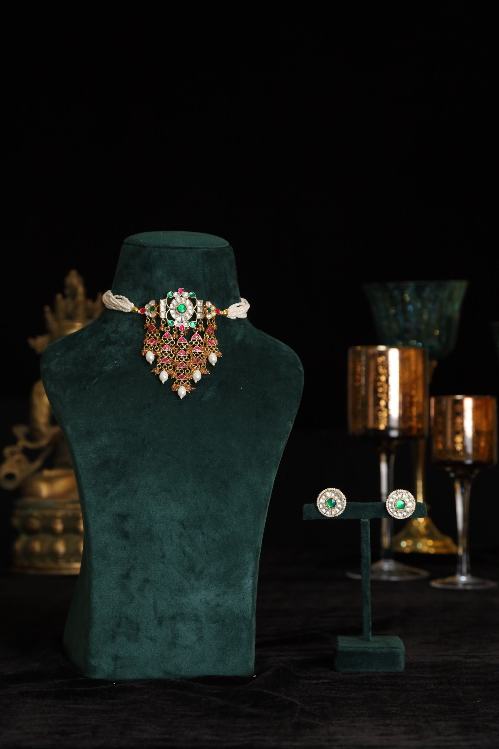 SJN1140- Multi Colour Gold Plated Jadau Kundan Choker with Earrings