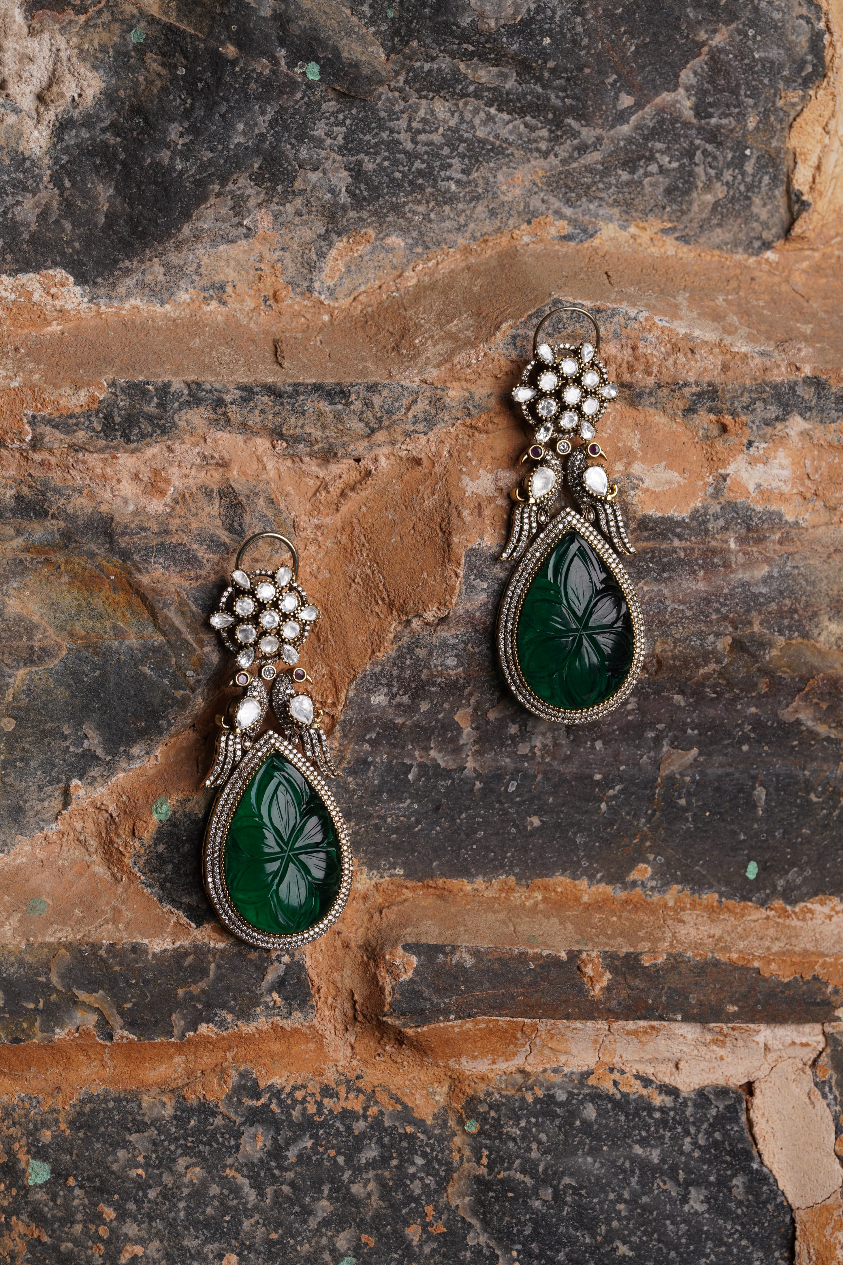 SJE1122- White and Green Colour Gold Plated Faux Polki Dangler Earrings