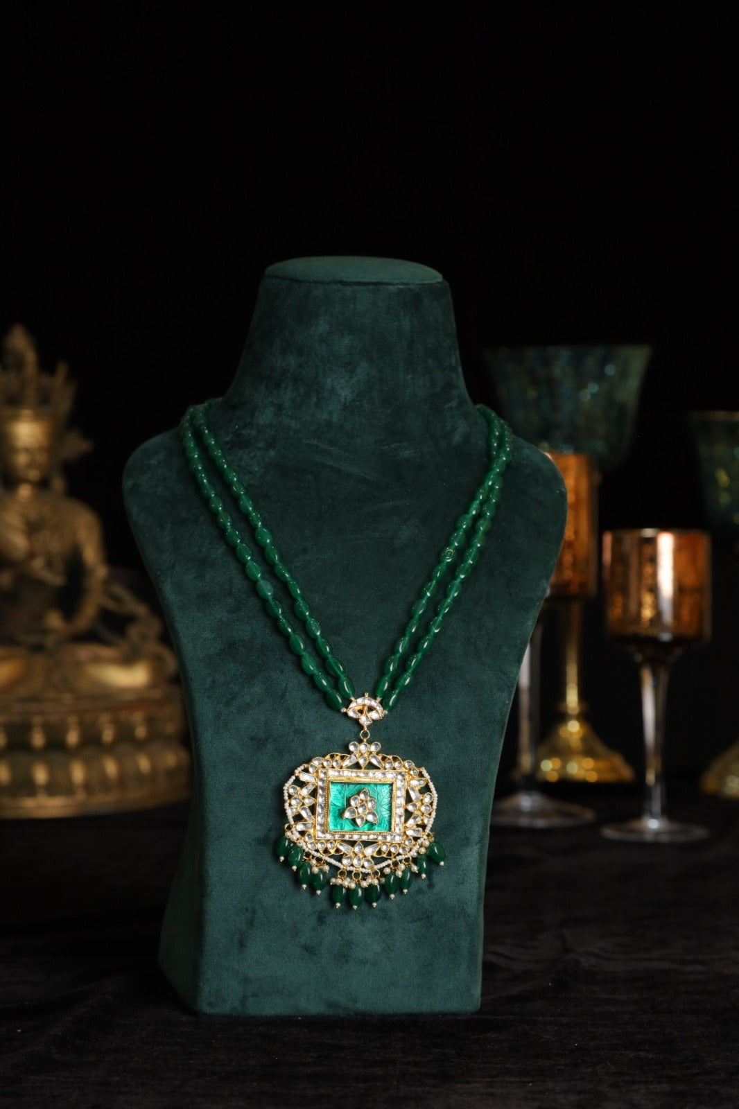 SJN1175- White and Green Colour Gold Plated Jadau Kundan Pendant