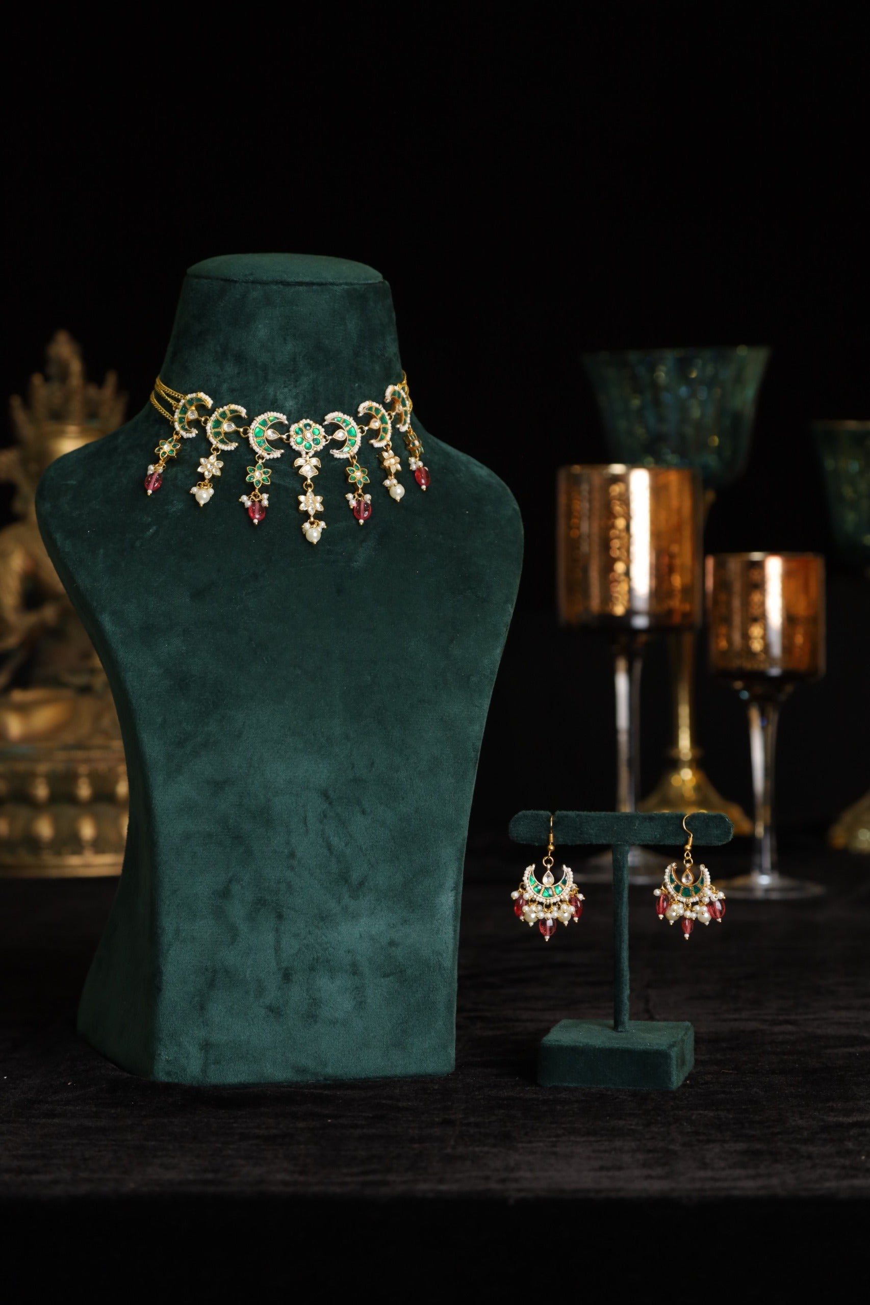 SJN1194- Green and White Colour Gold Plated Jadau Kundan Choker with Earrings