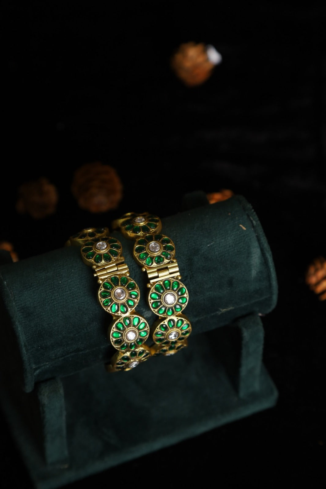 SJB1024- Green and White Colour Gold Plated Jadau Kundan Temple Bangle