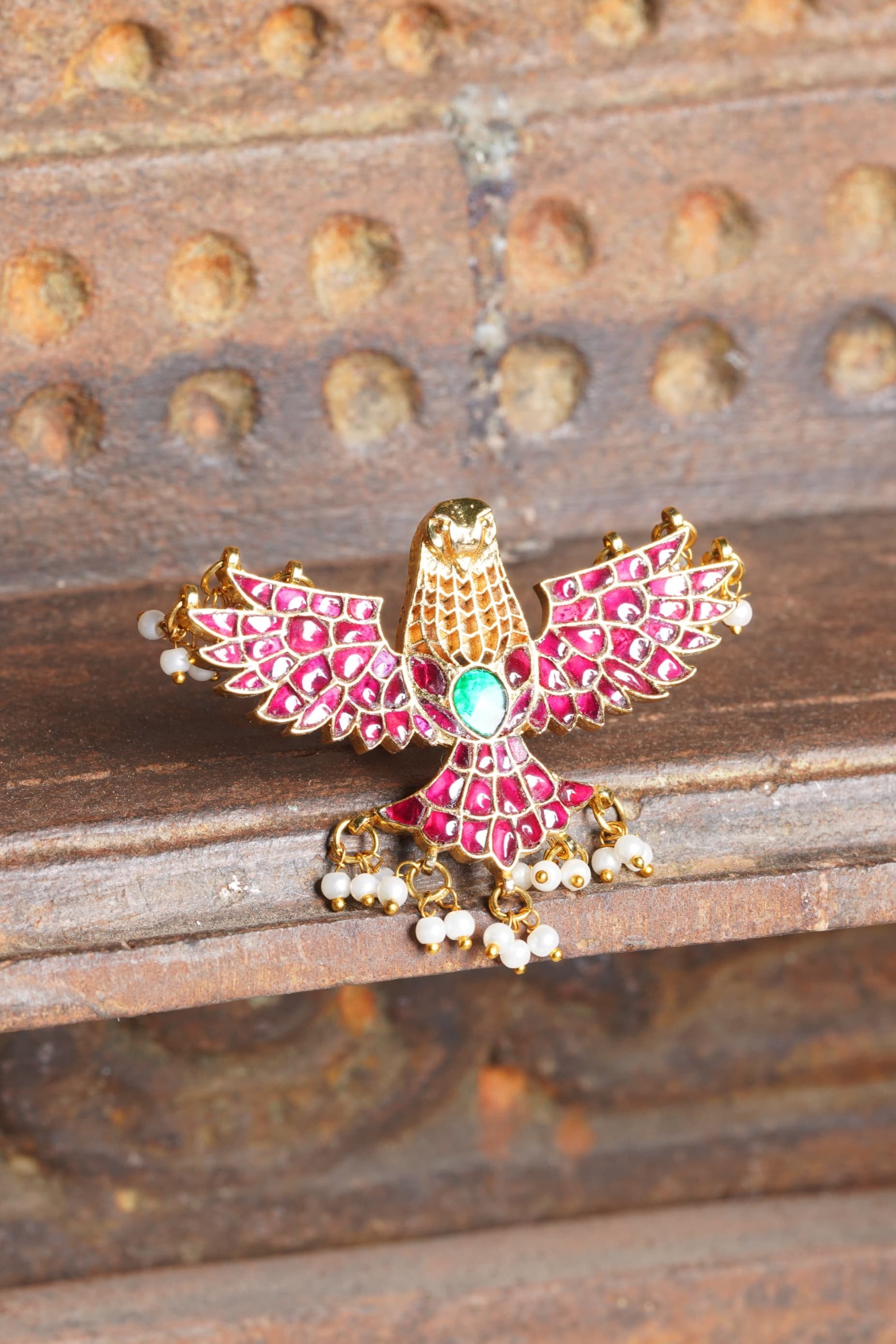 SJR0020- Pink Colour Eagle Motif Gold Plated Jadau Kundan Ring