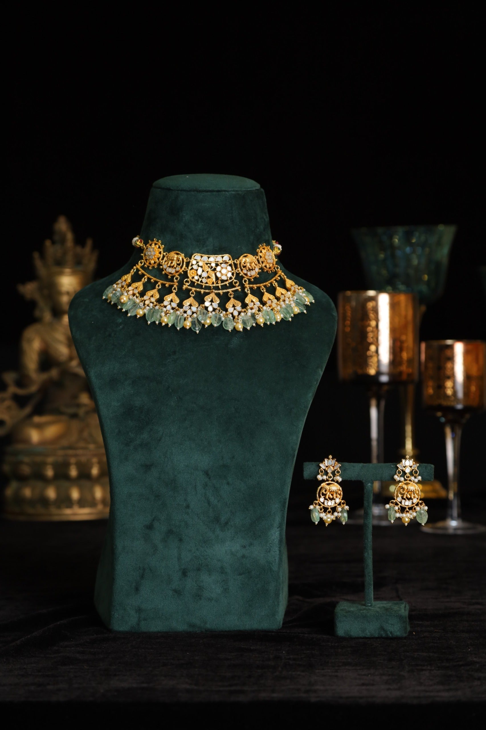 SJN1030 - White and Mint Colour Gold Plated Mother of Pearl Choker with Earrings