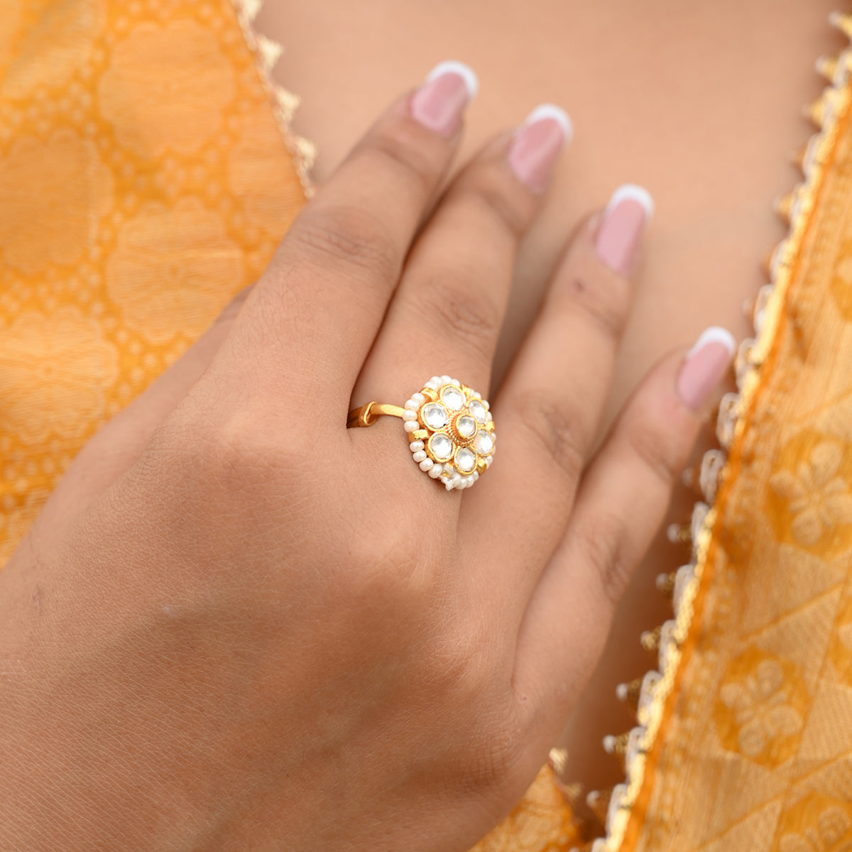SJR0027- White Colour Gold Plated Jadau Kundna Ring