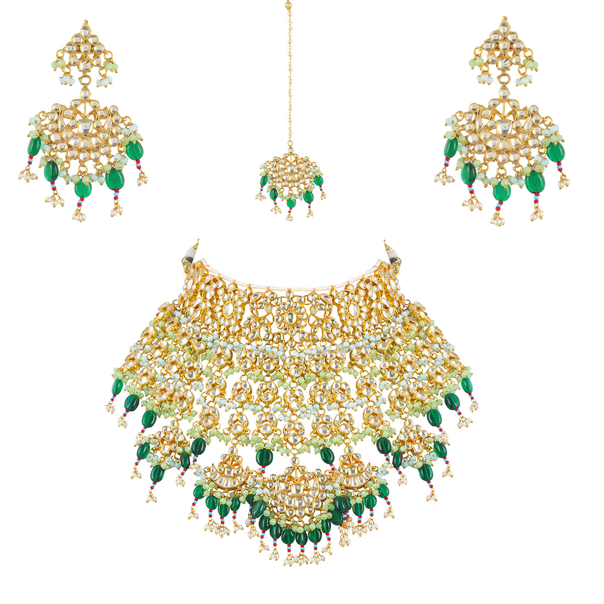 SJN1210- White and Green Colour Gold Plated Jadau Kundan Bridal Necklace with Earirngs and Tika
