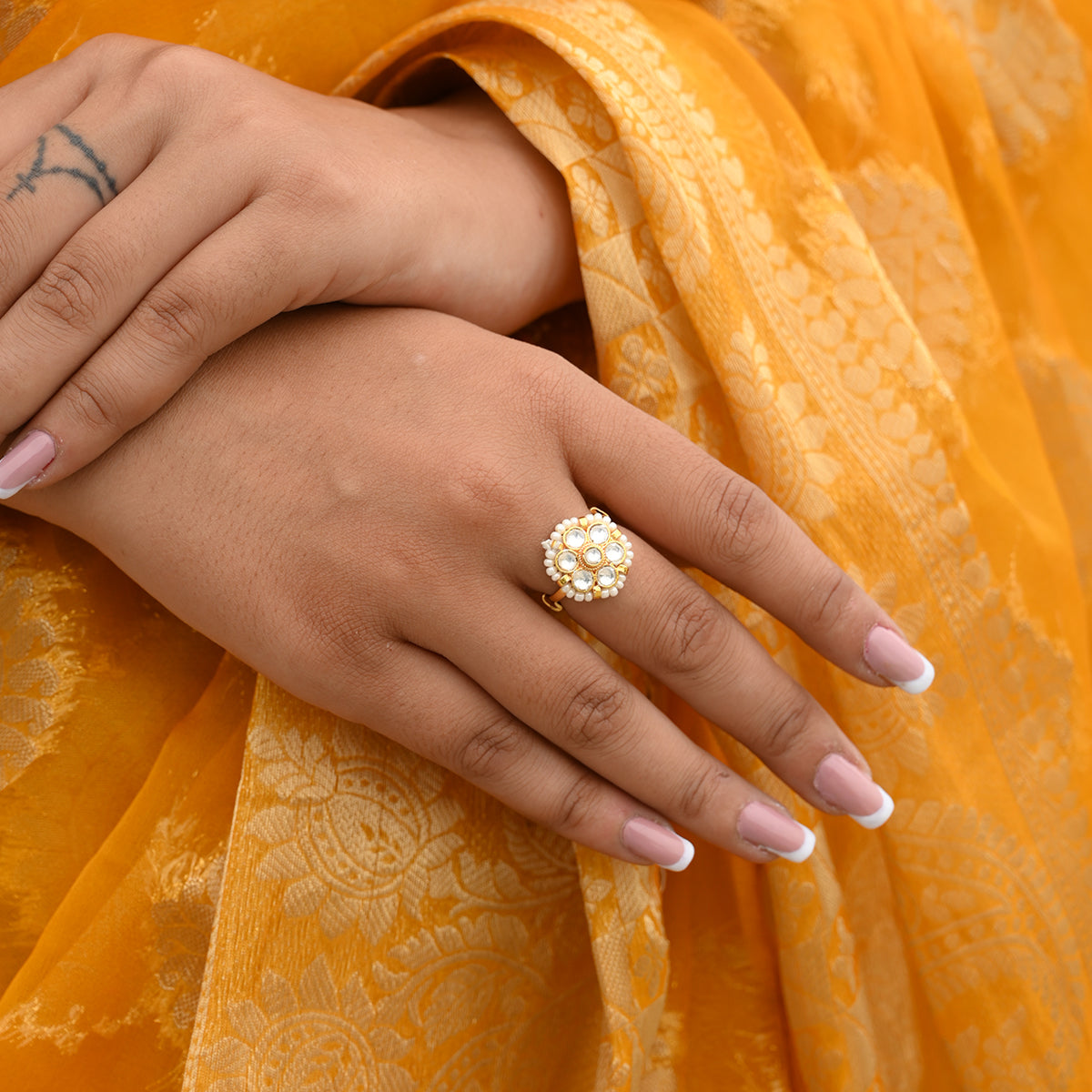 SJR0027- White Colour Gold Plated Jadau Kundna Ring