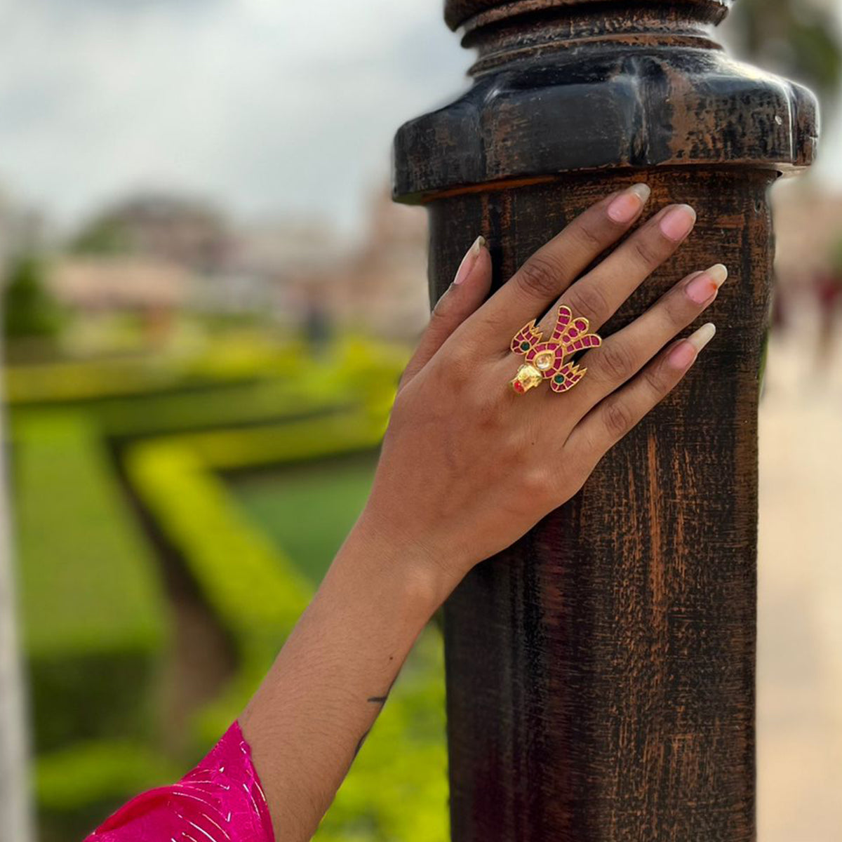 SJR001- Multi Colour Gold Plated Jadau Kundan Eagle Ring wore by Sana Makbul