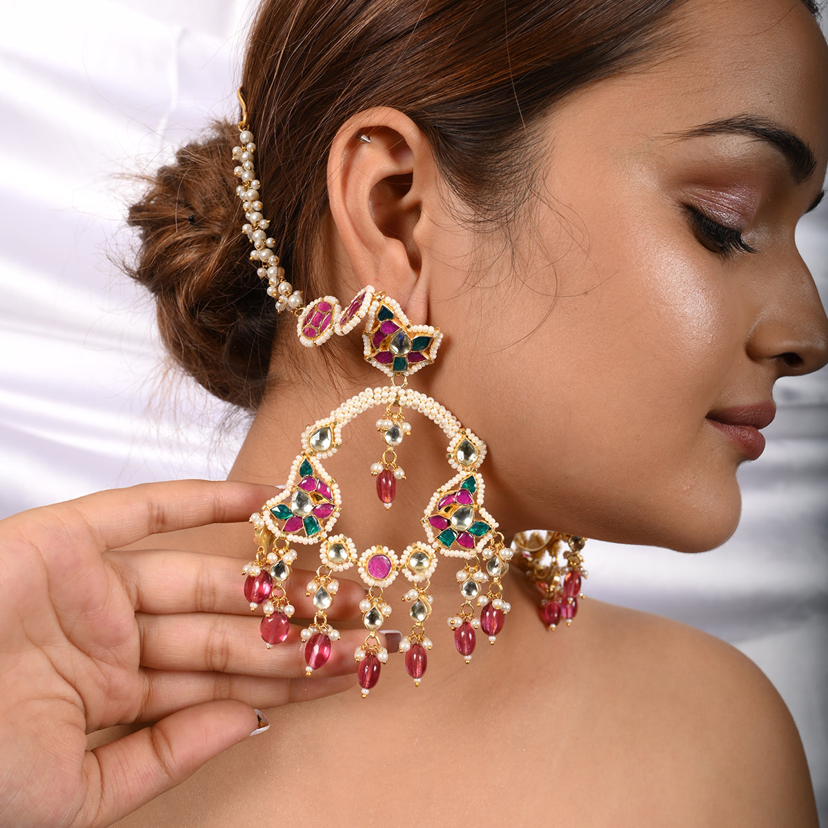 Kshiraj Pink Earrings with Hair Chain