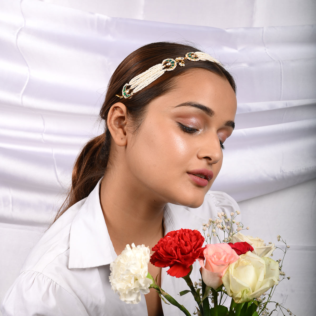 Tuberose Pearl Green Kundan Headband/Sheeshphool