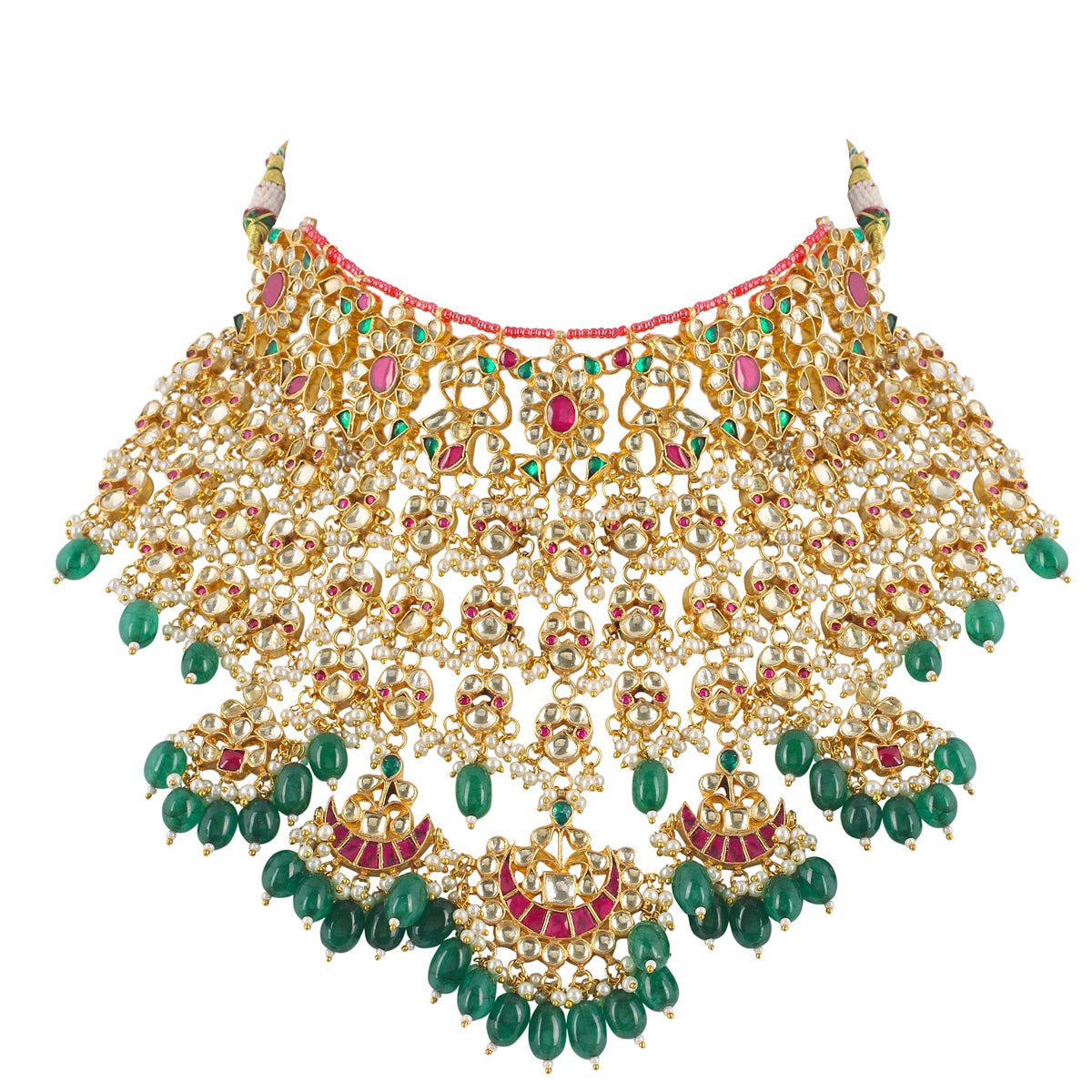 SJN001- Gold-Plated Kundan Necklace with Green and Pink Touched Earrings